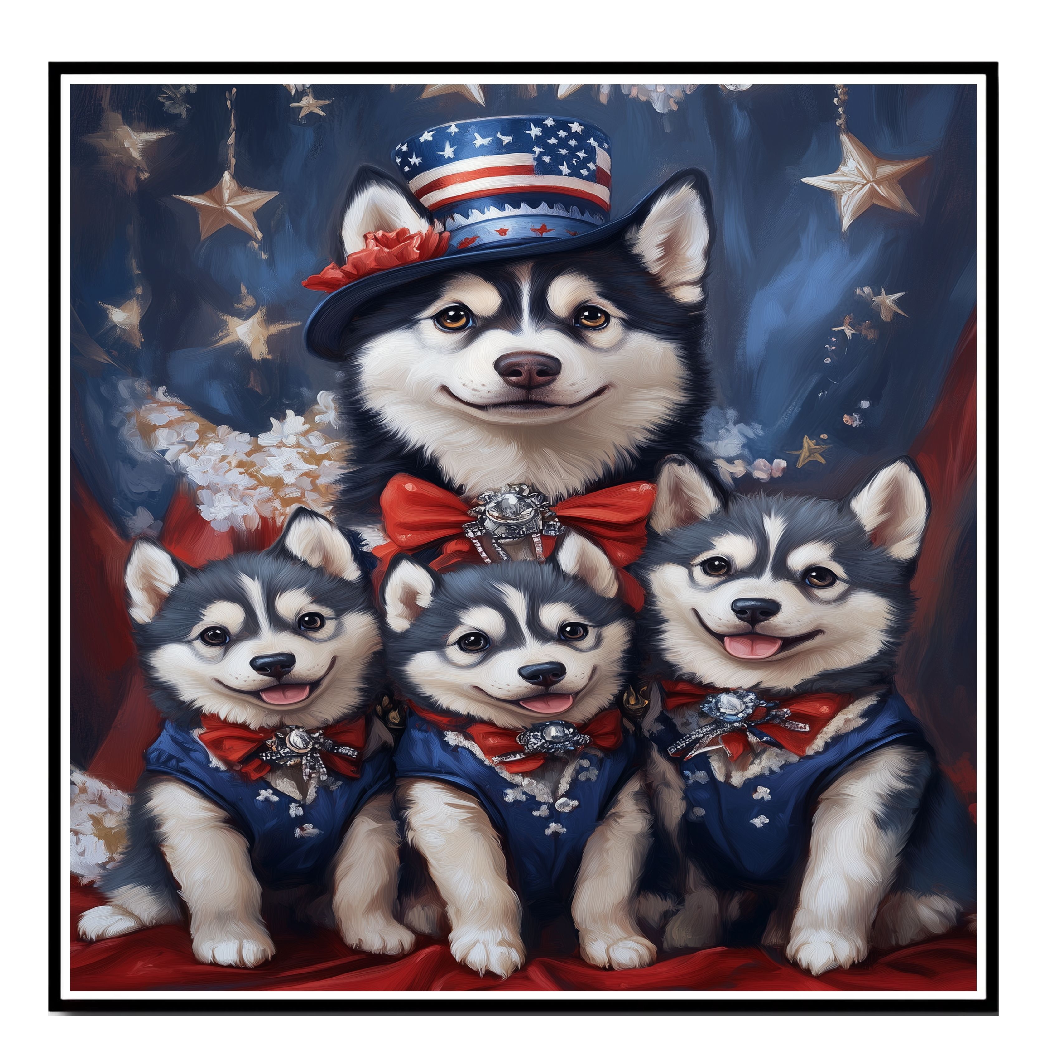 Siberian Husky Dogs Patriotic Scene on Flat Rolled, Framed or Wrapped Canvas