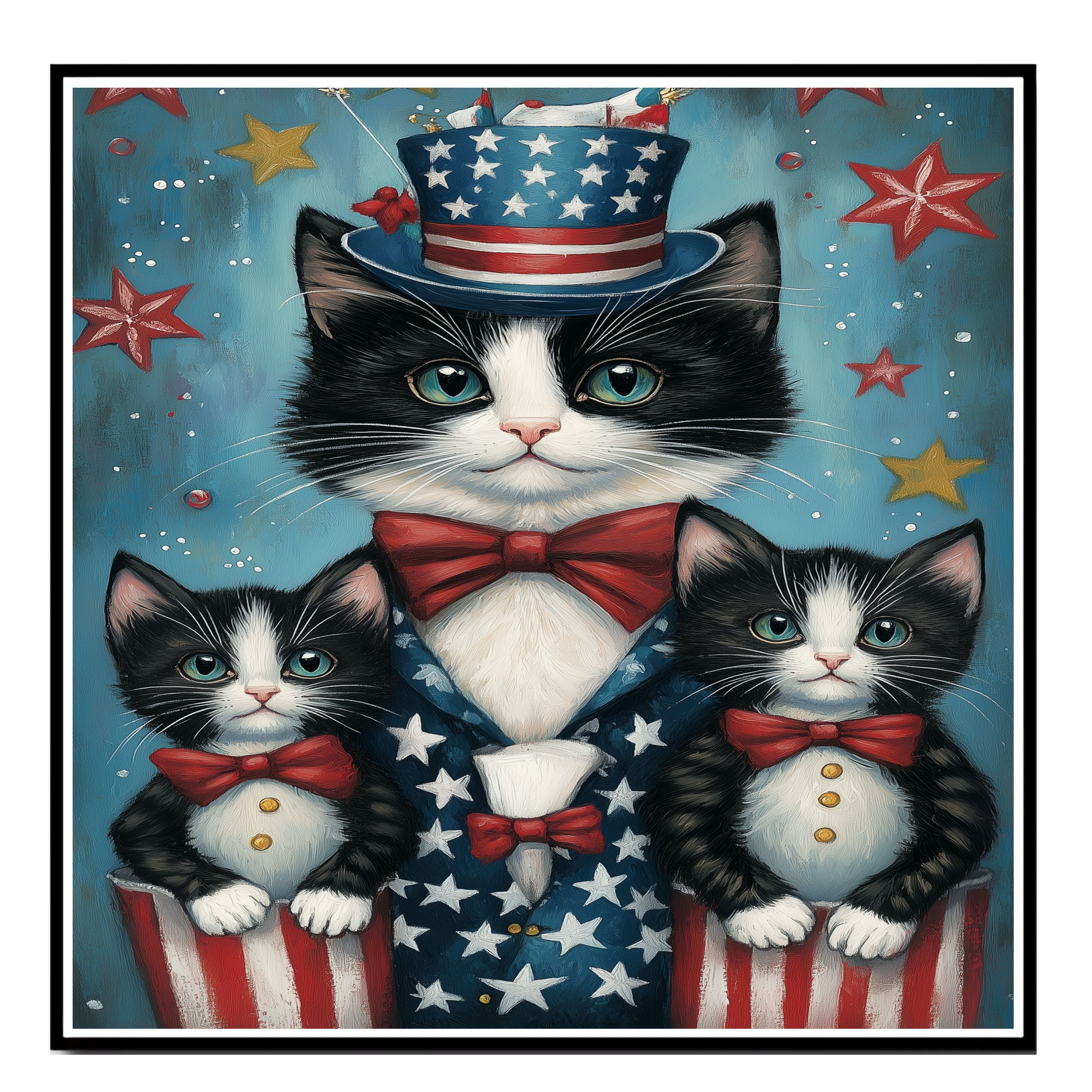 Stars, Stripes & Whiskers: Tuxedo Cats on Flat Rolled, Framed or Wrapped Canvas