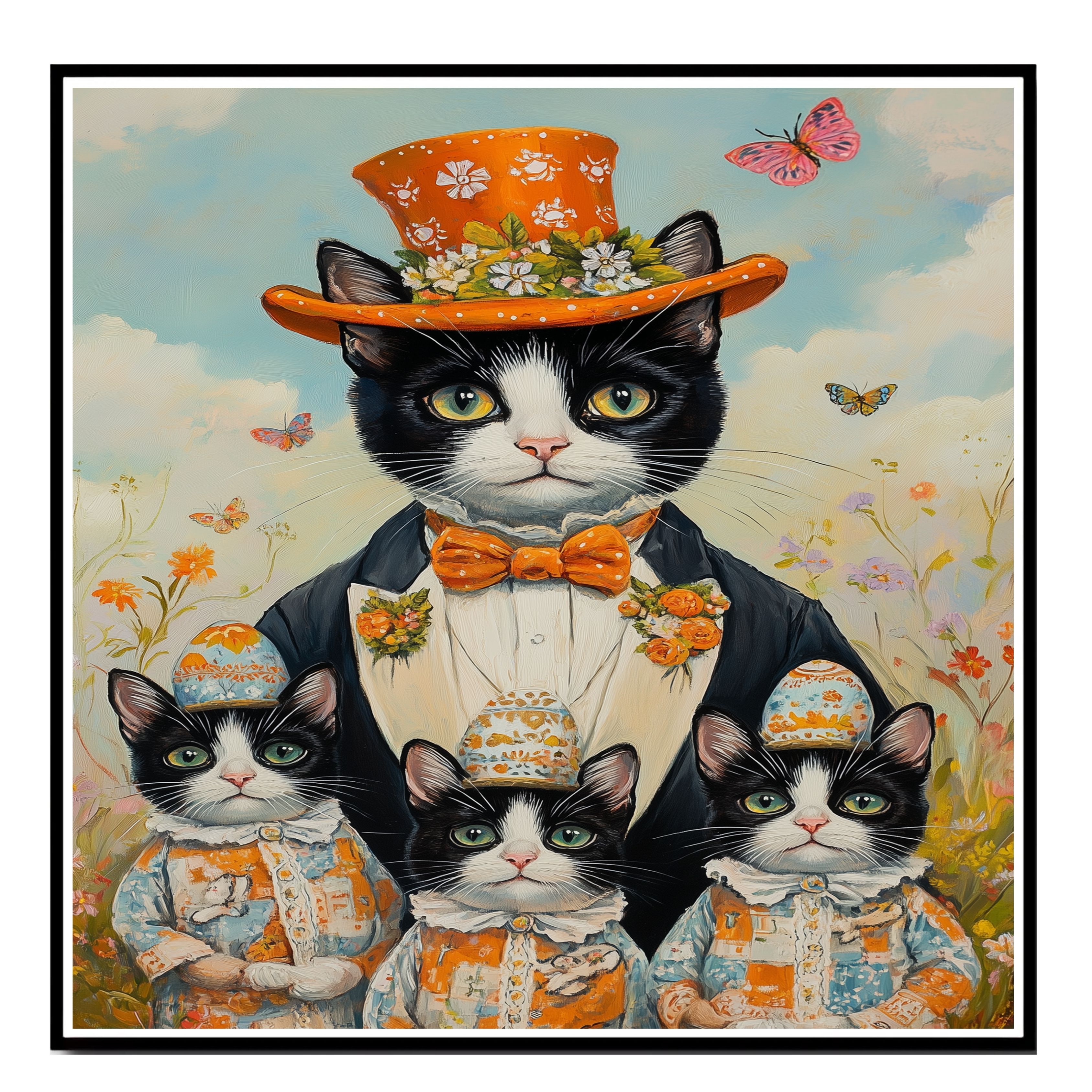 Whimsical Easter Charm: Tuxedo Cat on Flat Rolled, Framed or Wrapped Canvas