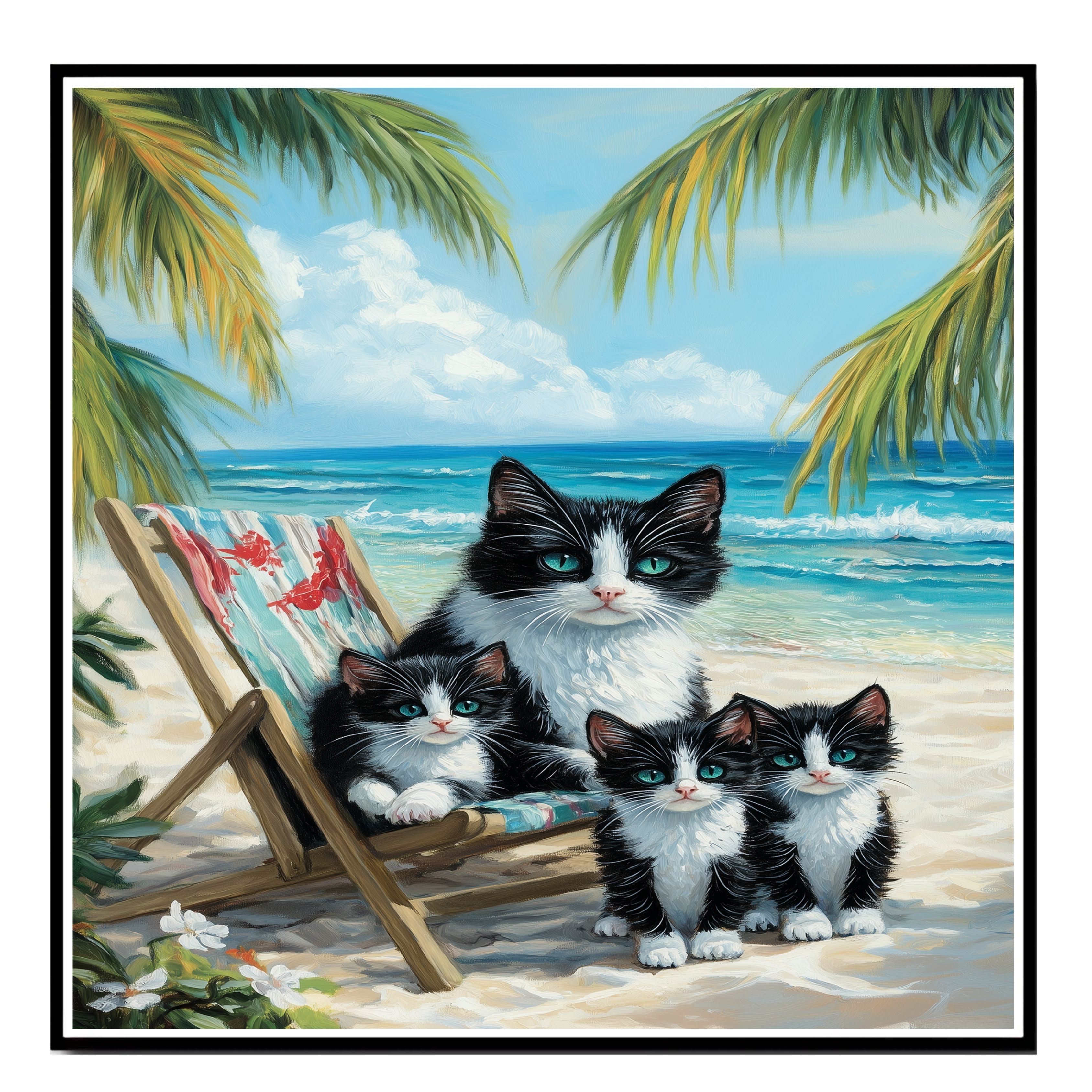 Seaside Serenity: Tuxedo Cat on Flat Rolled, Framed or Wrapped Canvas