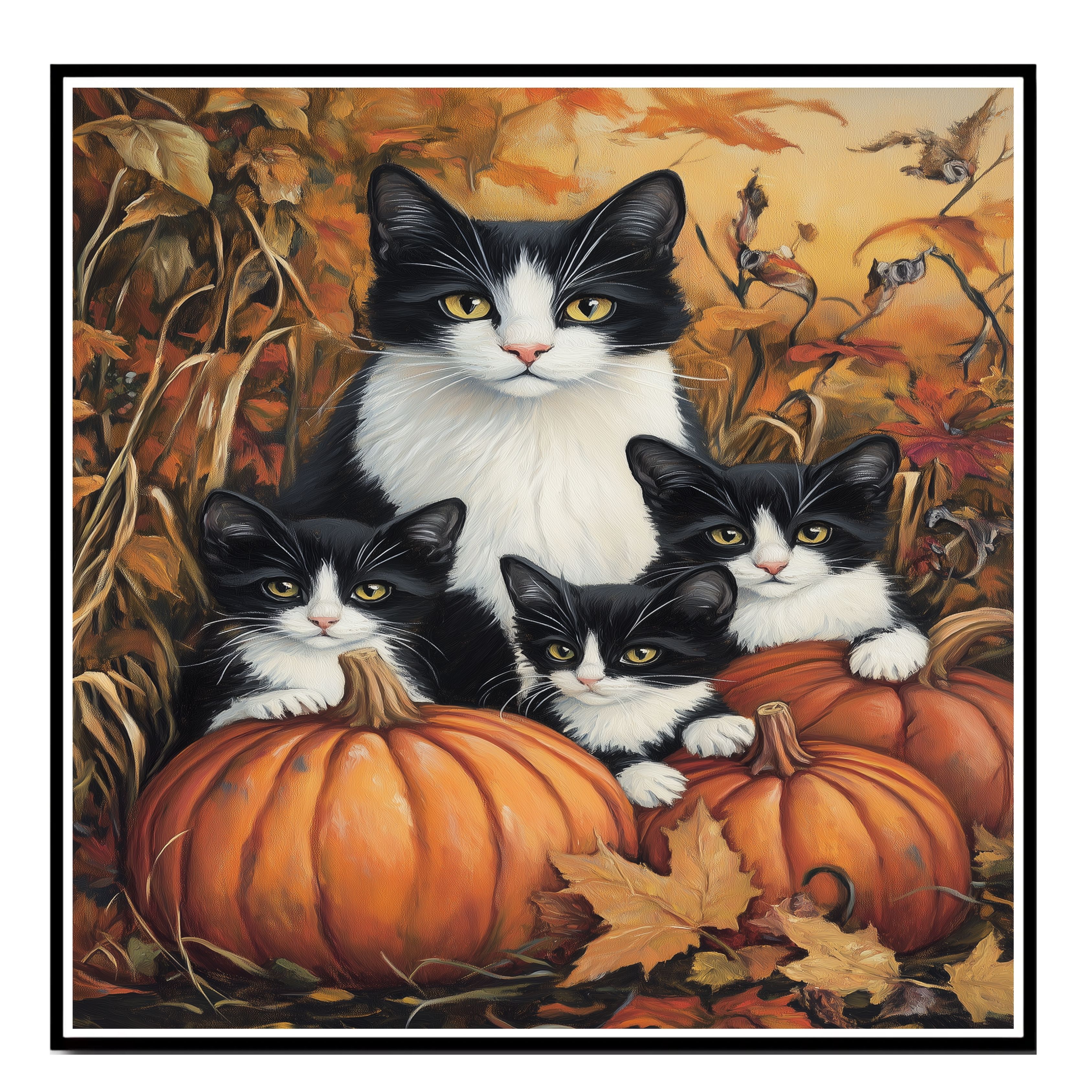 Herbst Schnurrhaare: schwarz-weiße Katze auf flach gerollter, gerahmter oder gewickelter Leinwand - Bild 5 von 9