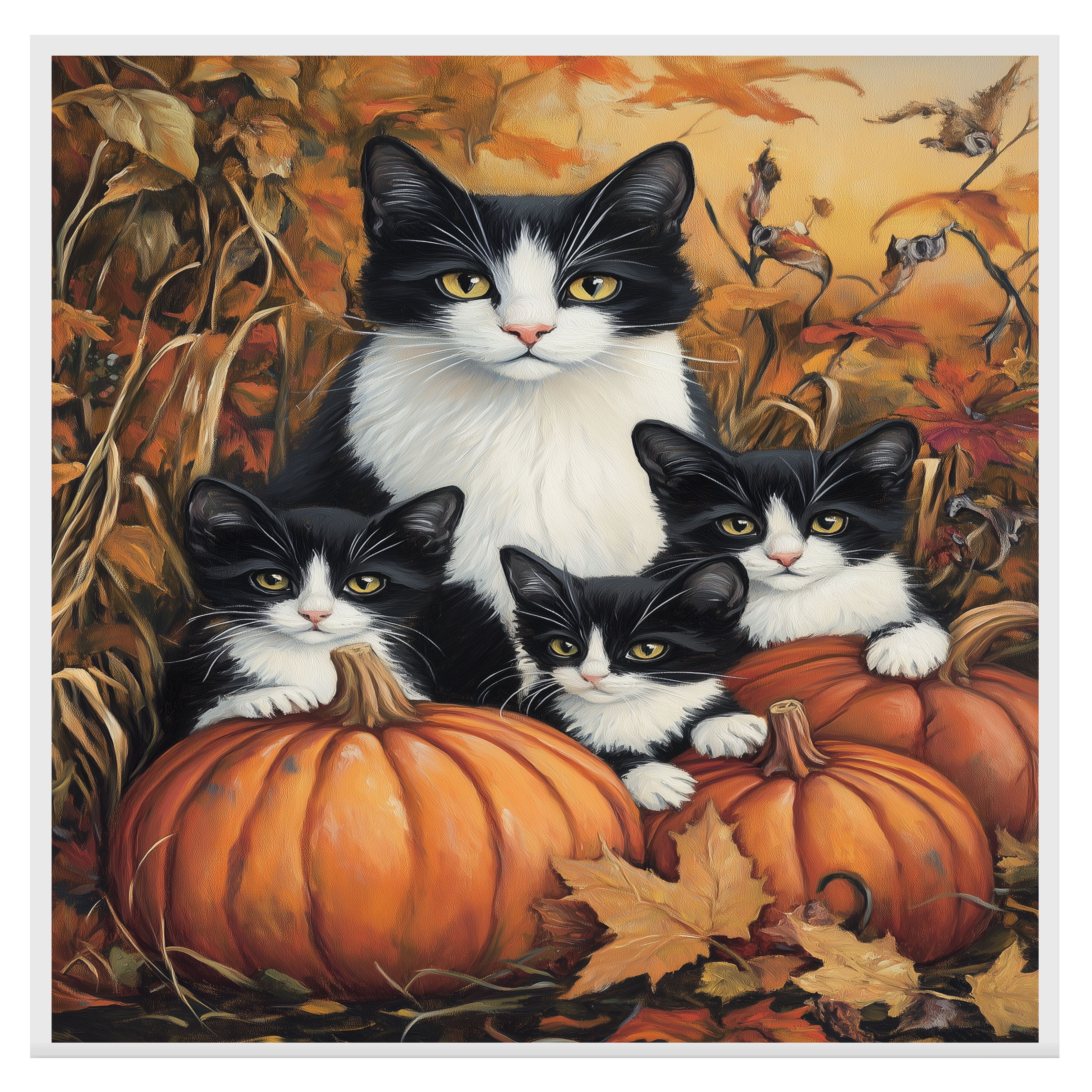 Herbst Schnurrhaare: schwarz-weiße Katze auf flach gerollter, gerahmter oder gewickelter Leinwand - Bild 6 von 9