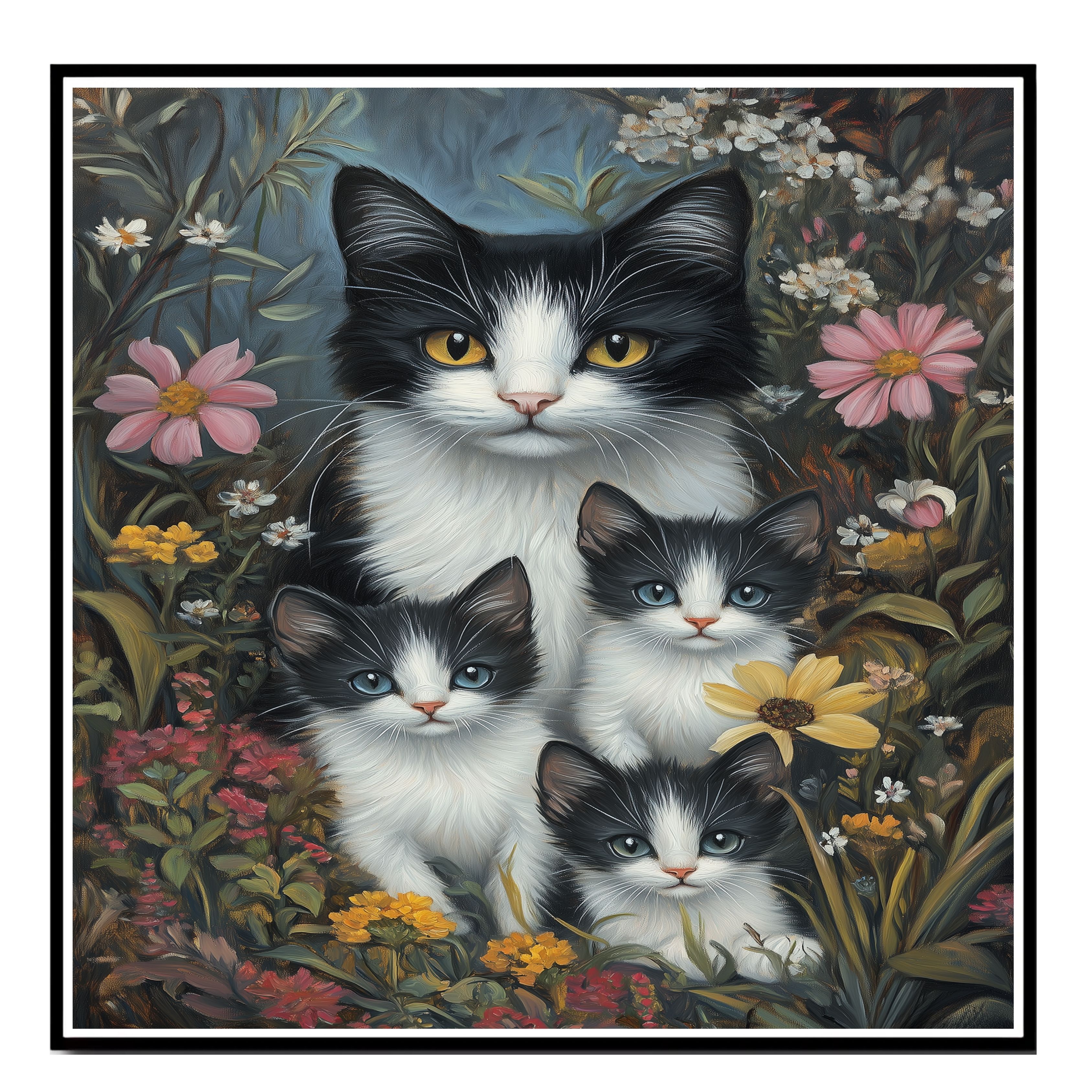 Blossoming Spring Whimsy: Tuxedo Cat on Flat Rolled, Framed or Wrapped Canvas