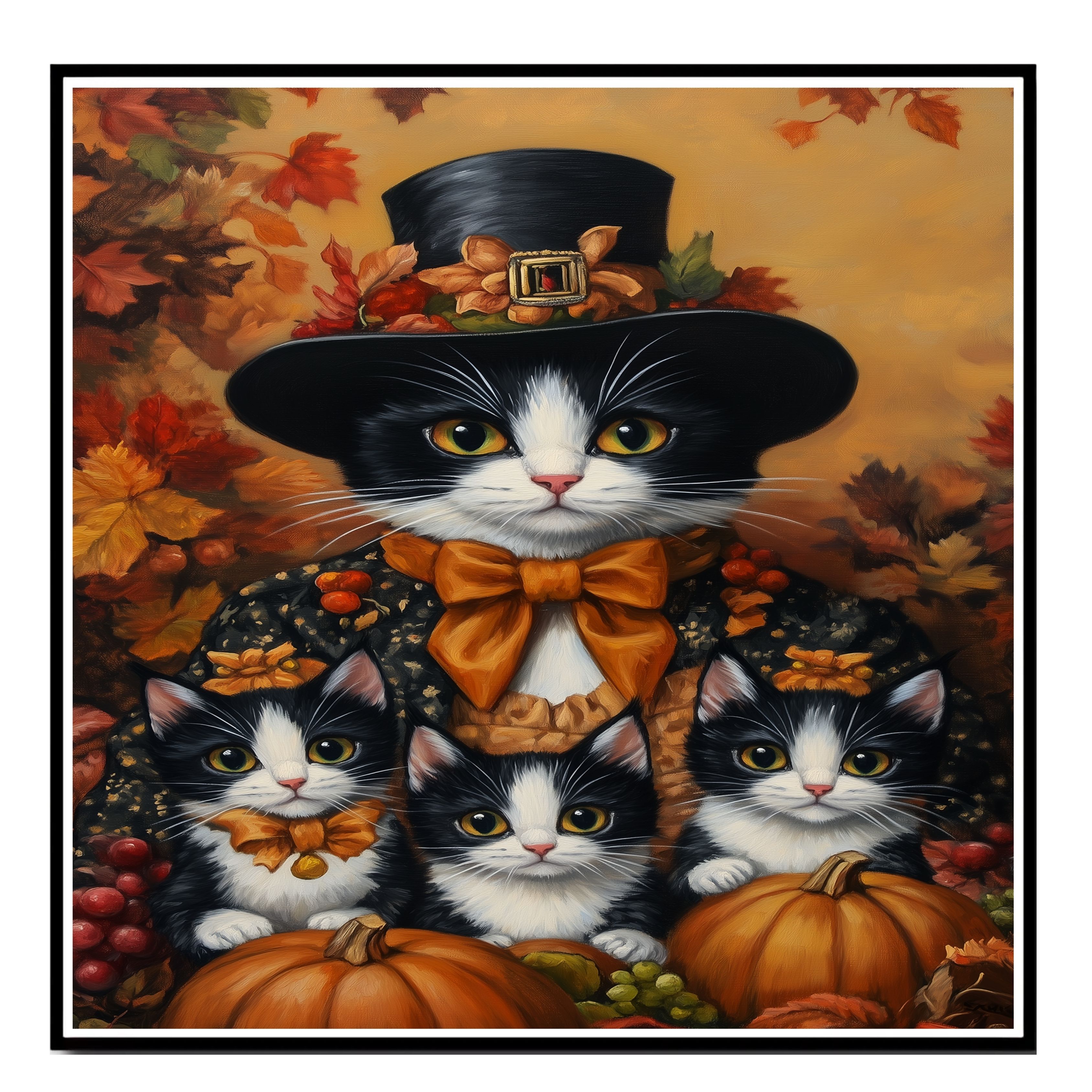 Autumn Whimsy: Tuxedo Cat on Flat Rolled, Framed or Wrapped Canvas