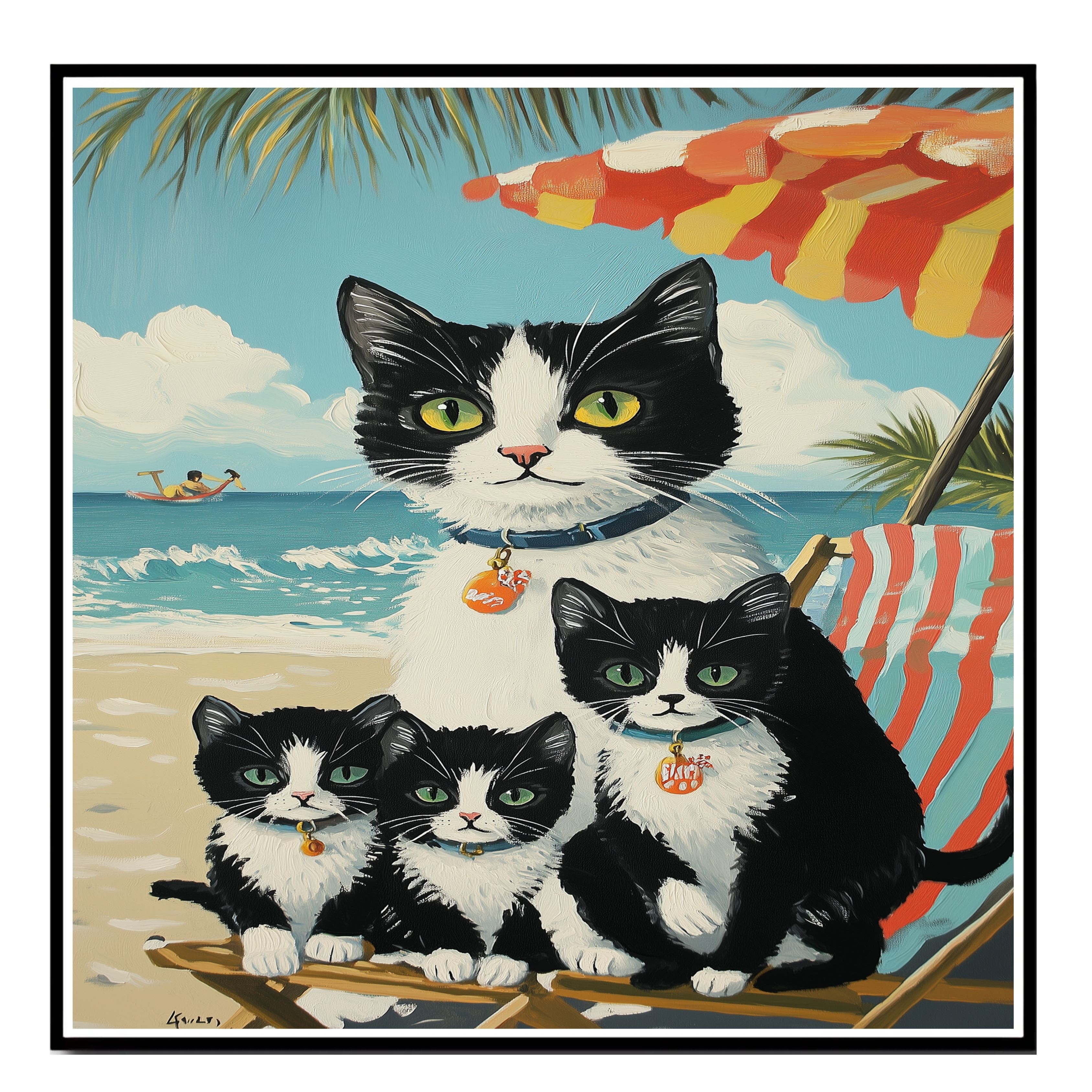 Seaside Serenity: Tuxedo Cat on Flat Rolled, Framed or Wrapped Canvas