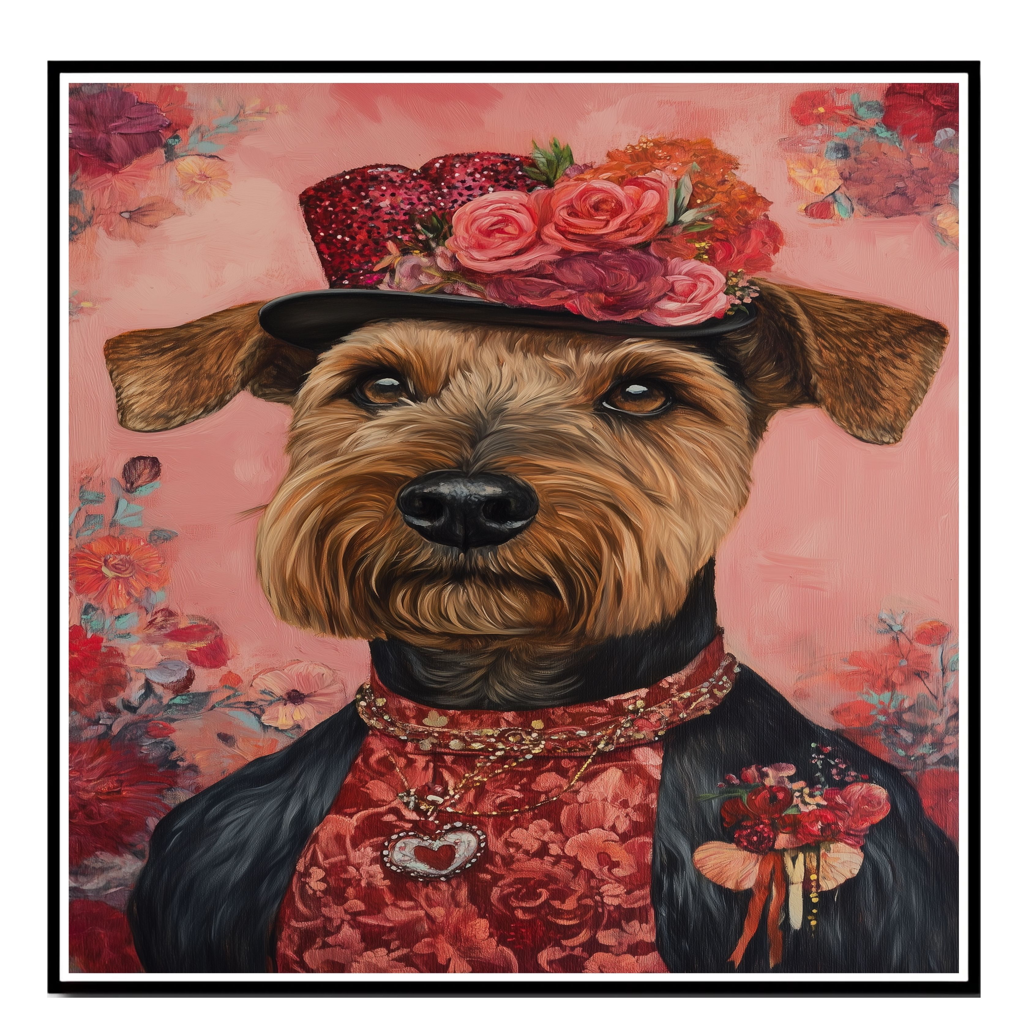 Rosy Elegance: Airedale Dog on Flat Rolled, Framed or Wrapped Canvas