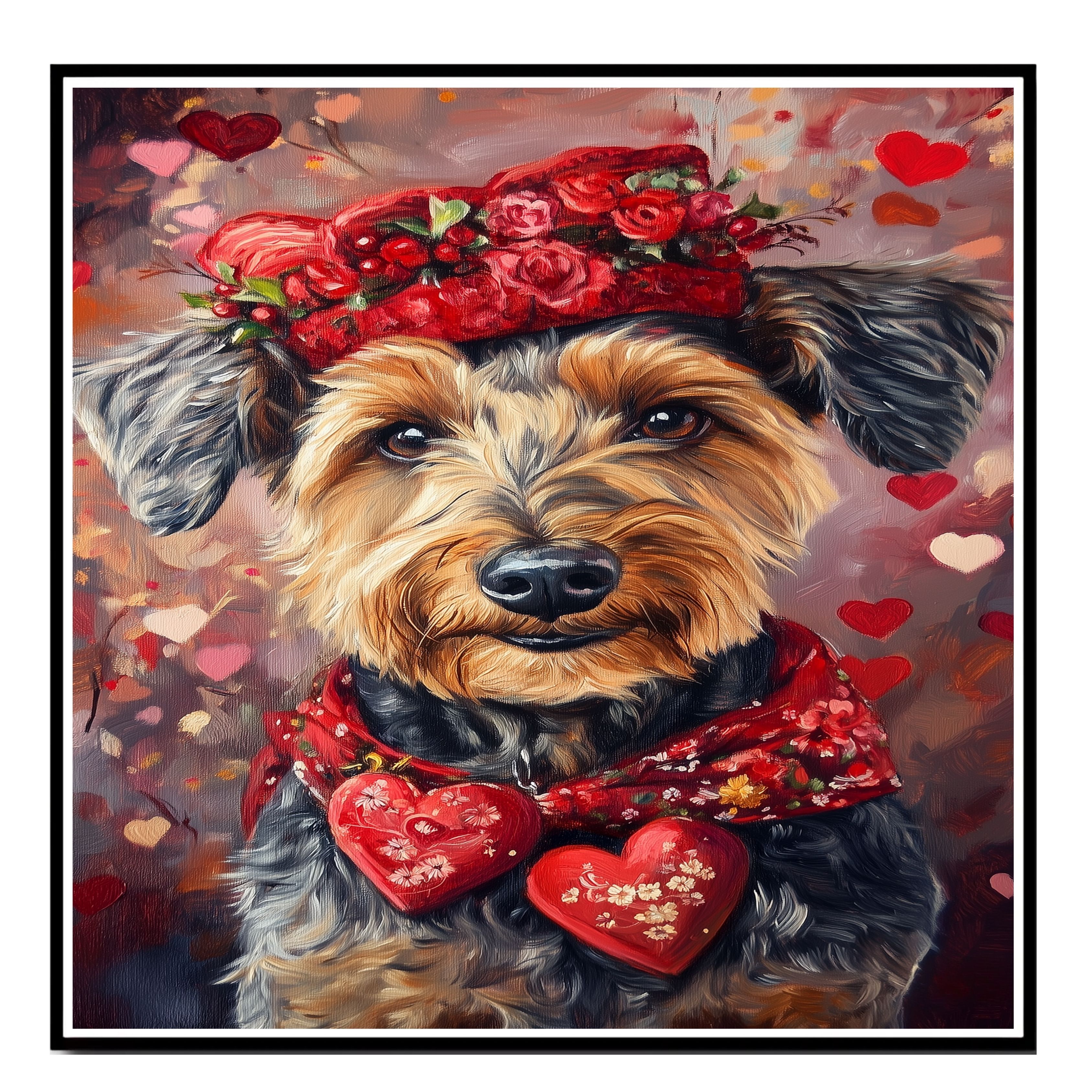 Love in Bloom: Airedale Dog on Flat Rolled, Framed or Wrapped Canvas