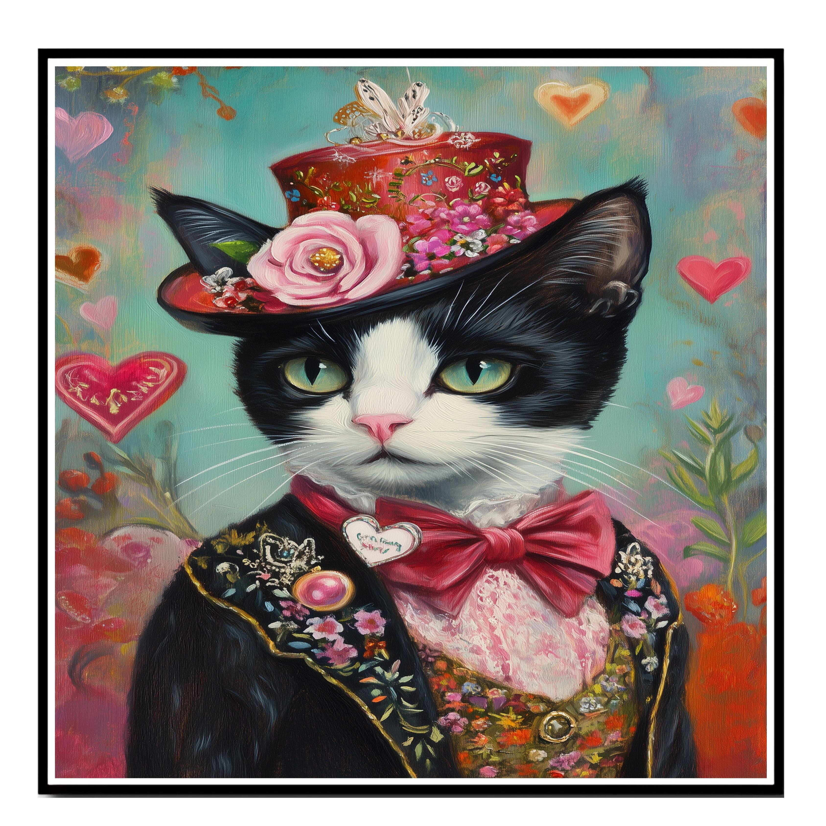 Dapper Love: Tuxedo Cat on Flat Rolled, Framed or Wrapped Canvas