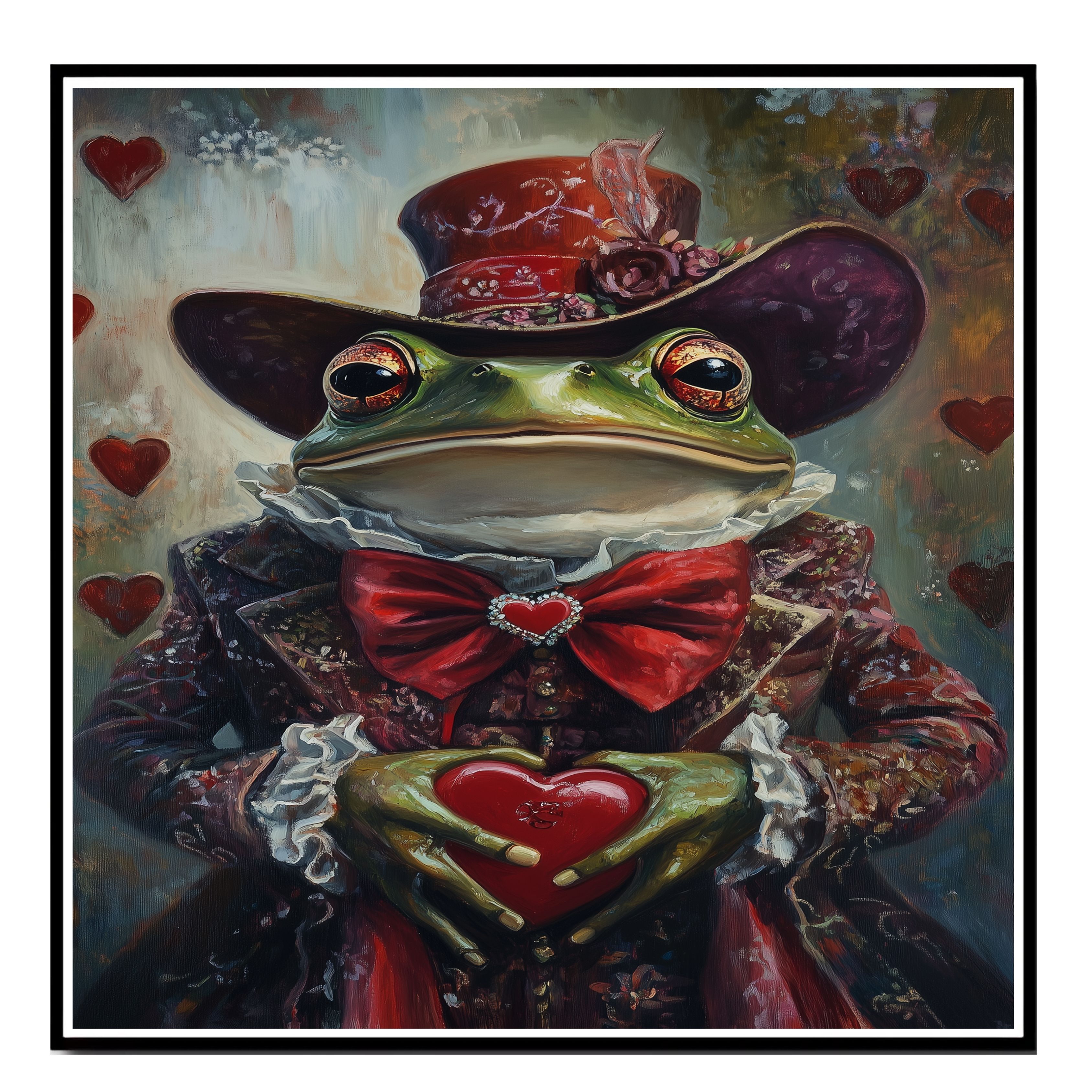 Victorian Grace: Whimsical Green Frog on Flat Rolled, Framed or Wrapped Canvas - Picture 5 of 9
