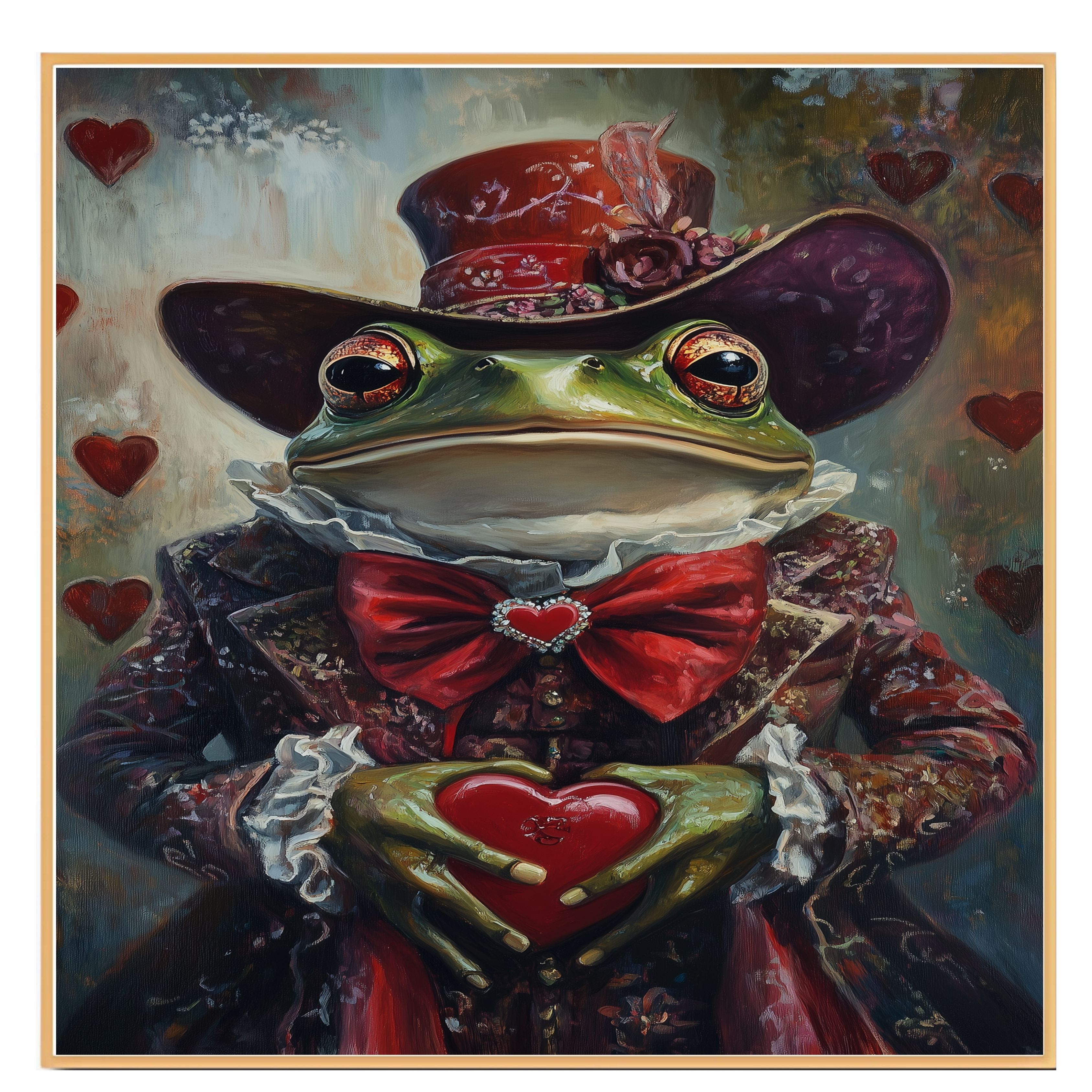 Victorian Grace: Whimsical Green Frog on Flat Rolled, Framed or Wrapped Canvas - Picture 7 of 9