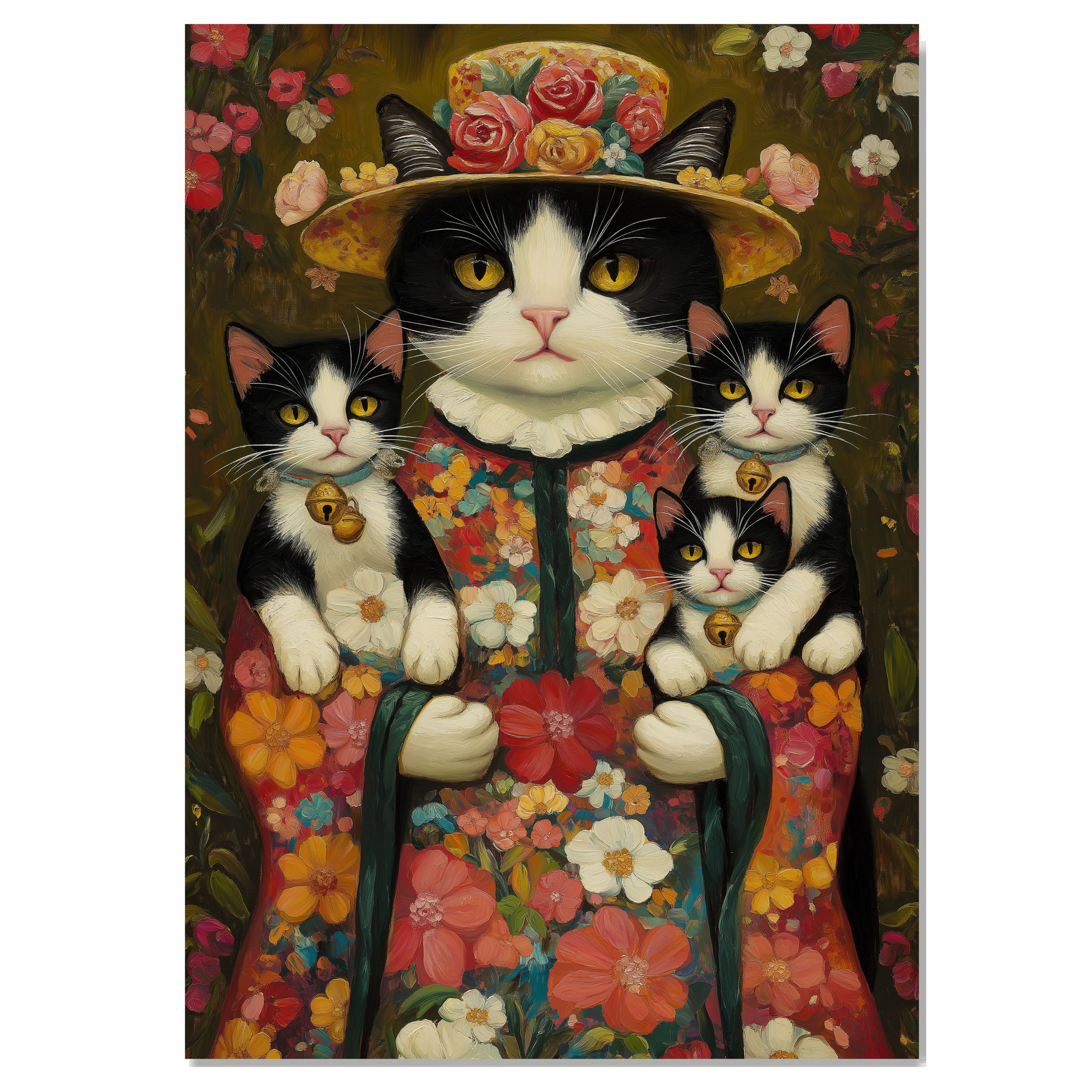 Blossom Embrace: Tuxedo Cat on Flat Rolled, Framed or Wrapped Canvas - Picture 9 of 9