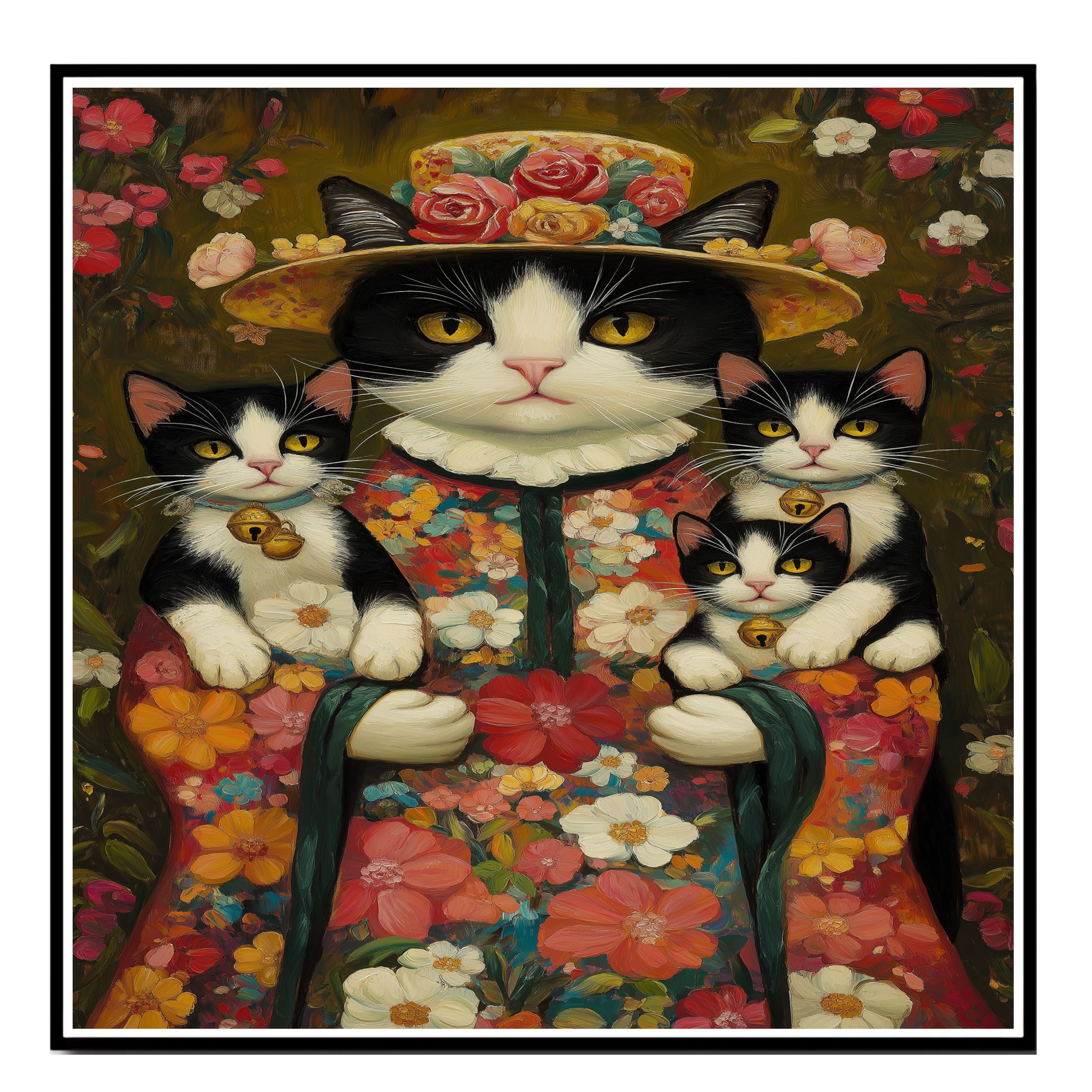Blossom Embrace: Tuxedo Cat on Flat Rolled, Framed or Wrapped Canvas - Picture 5 of 9