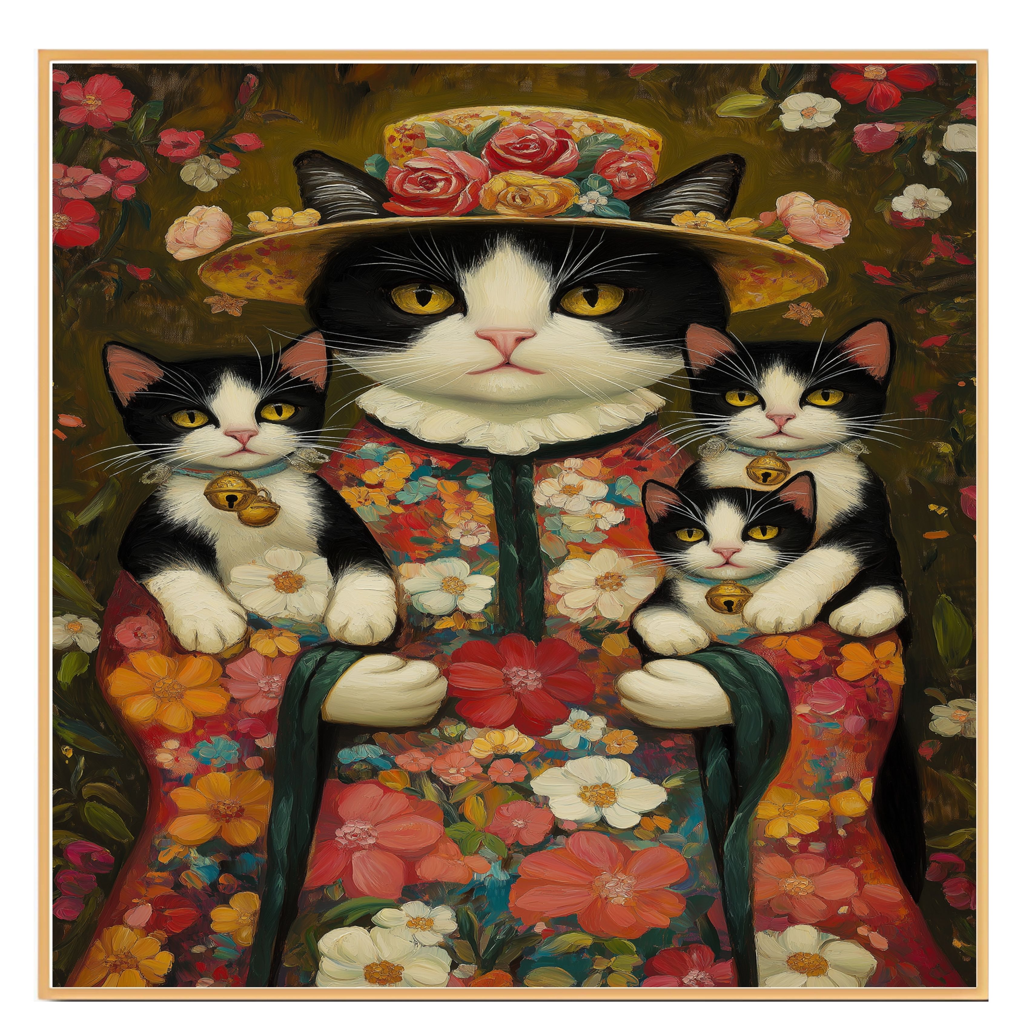 Blossom Embrace: Tuxedo Cat on Flat Rolled, Framed or Wrapped Canvas - Picture 7 of 9