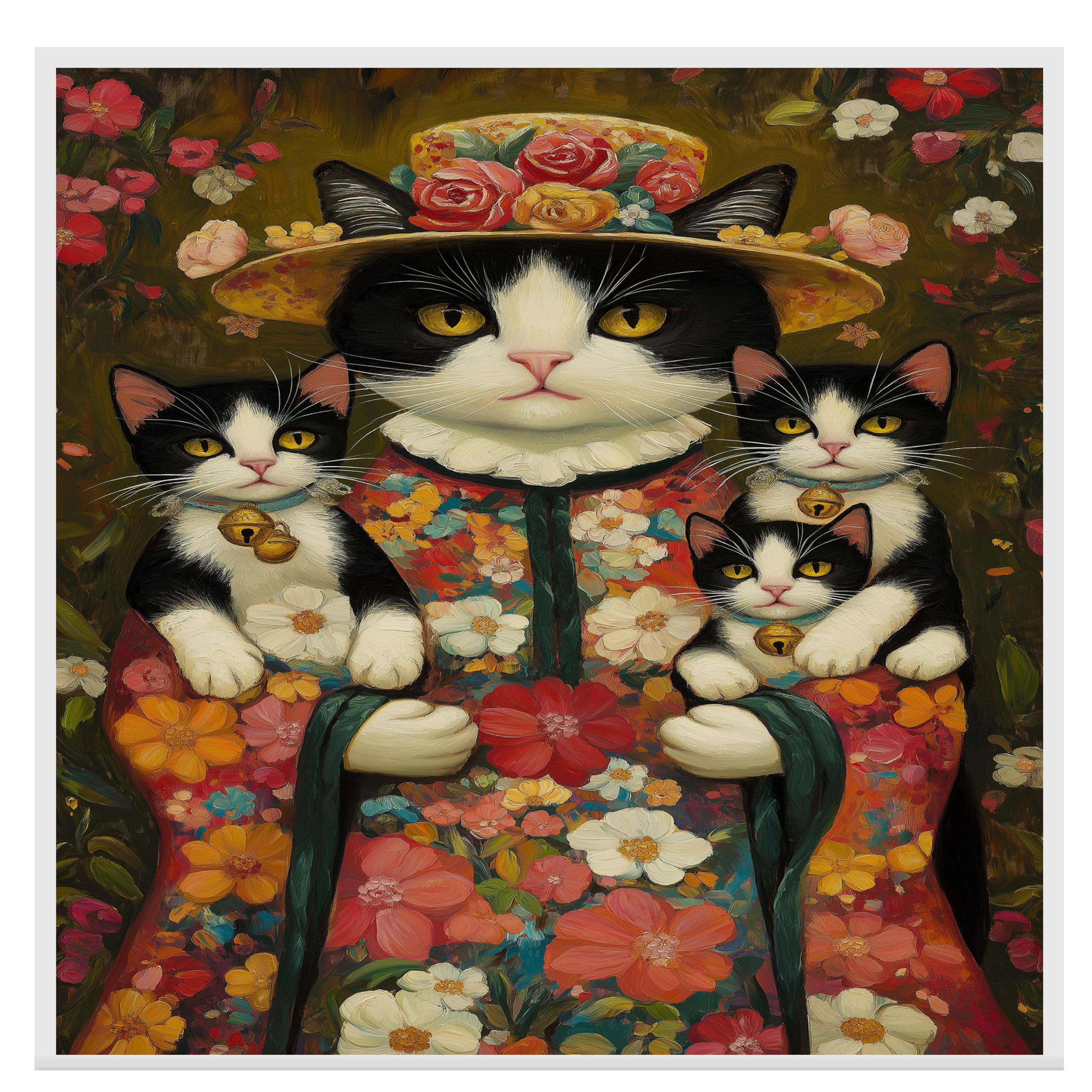 Blossom Embrace: Tuxedo Cat on Flat Rolled, Framed or Wrapped Canvas - Picture 6 of 9