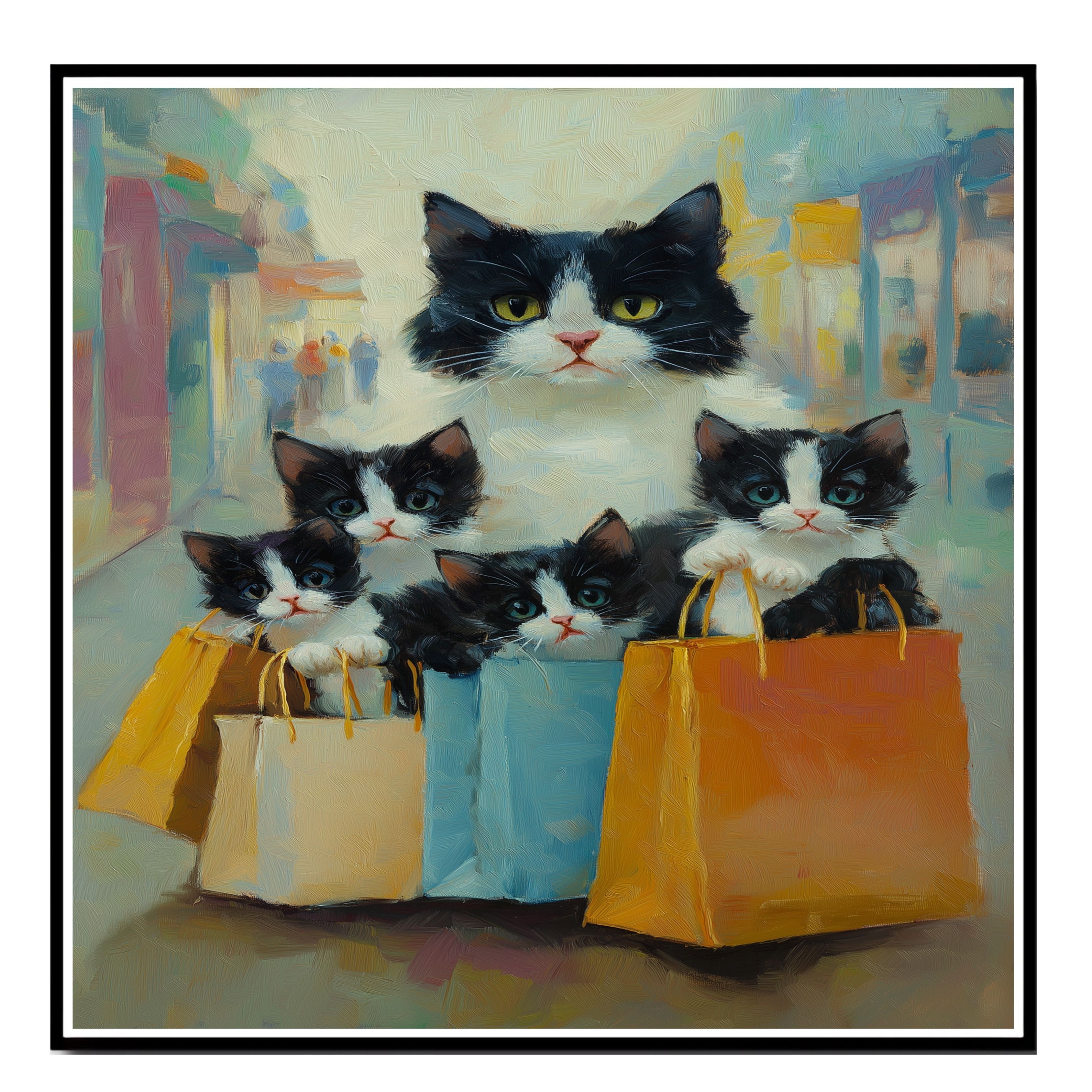 Chic Shopping Spree: Tuxedo Cat on Flat Rolled, Framed or Wrapped Canvas