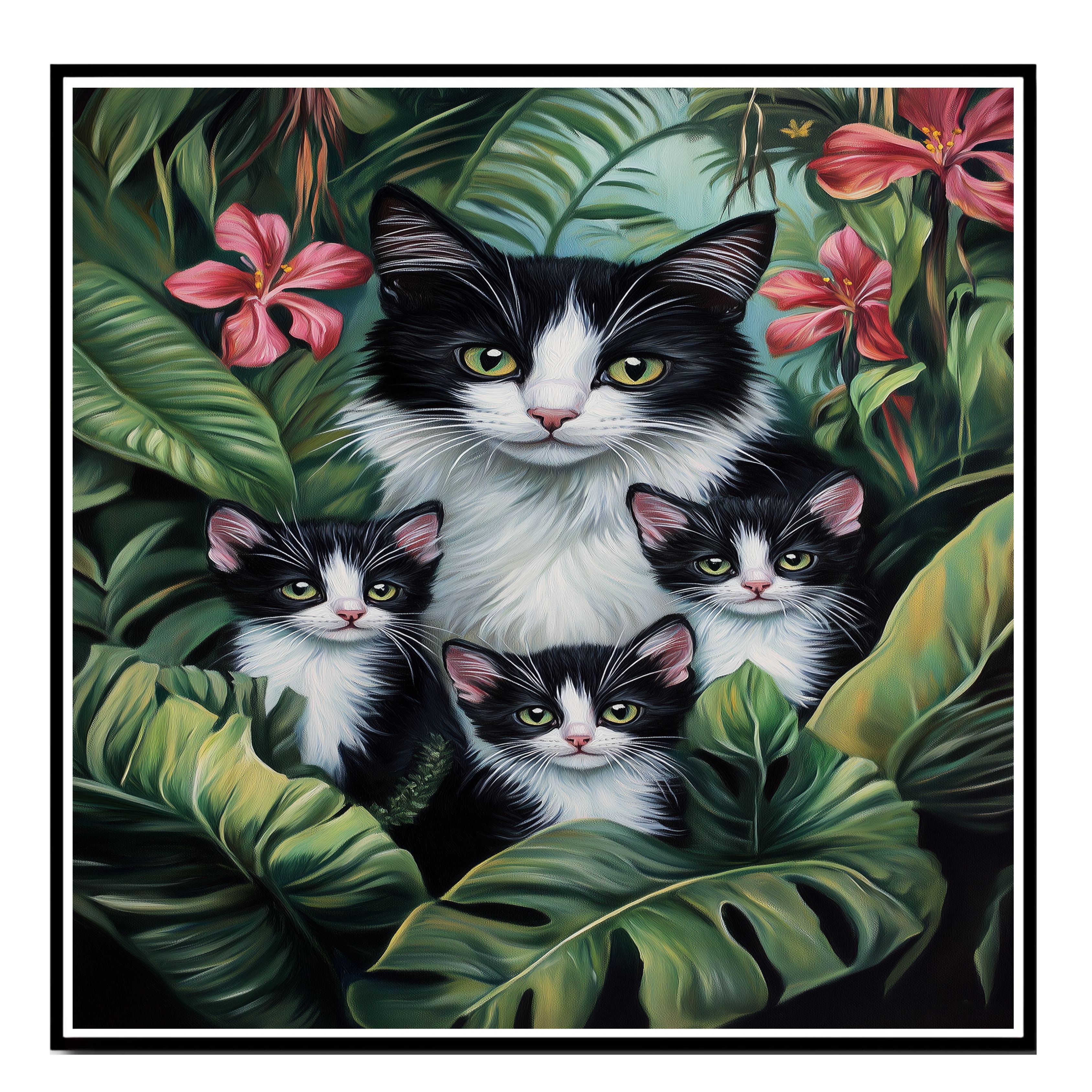 Paradise Paws: Tuxedo Mom on Flat Rolled, Framed or Wrapped Canvas