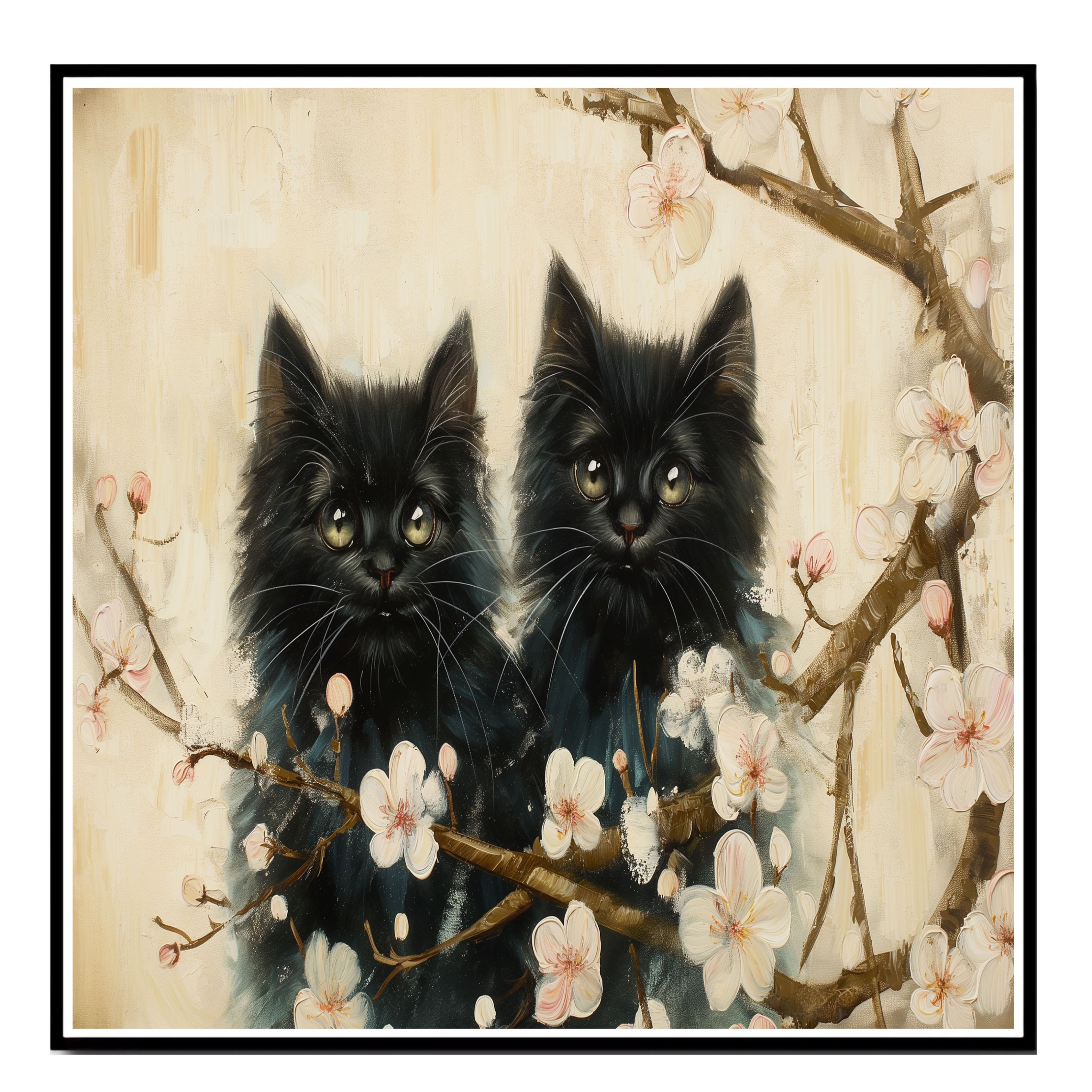 Whispers of Spring: Two Black Cats on Flat Rolled, Framed or Wrapped Canvas