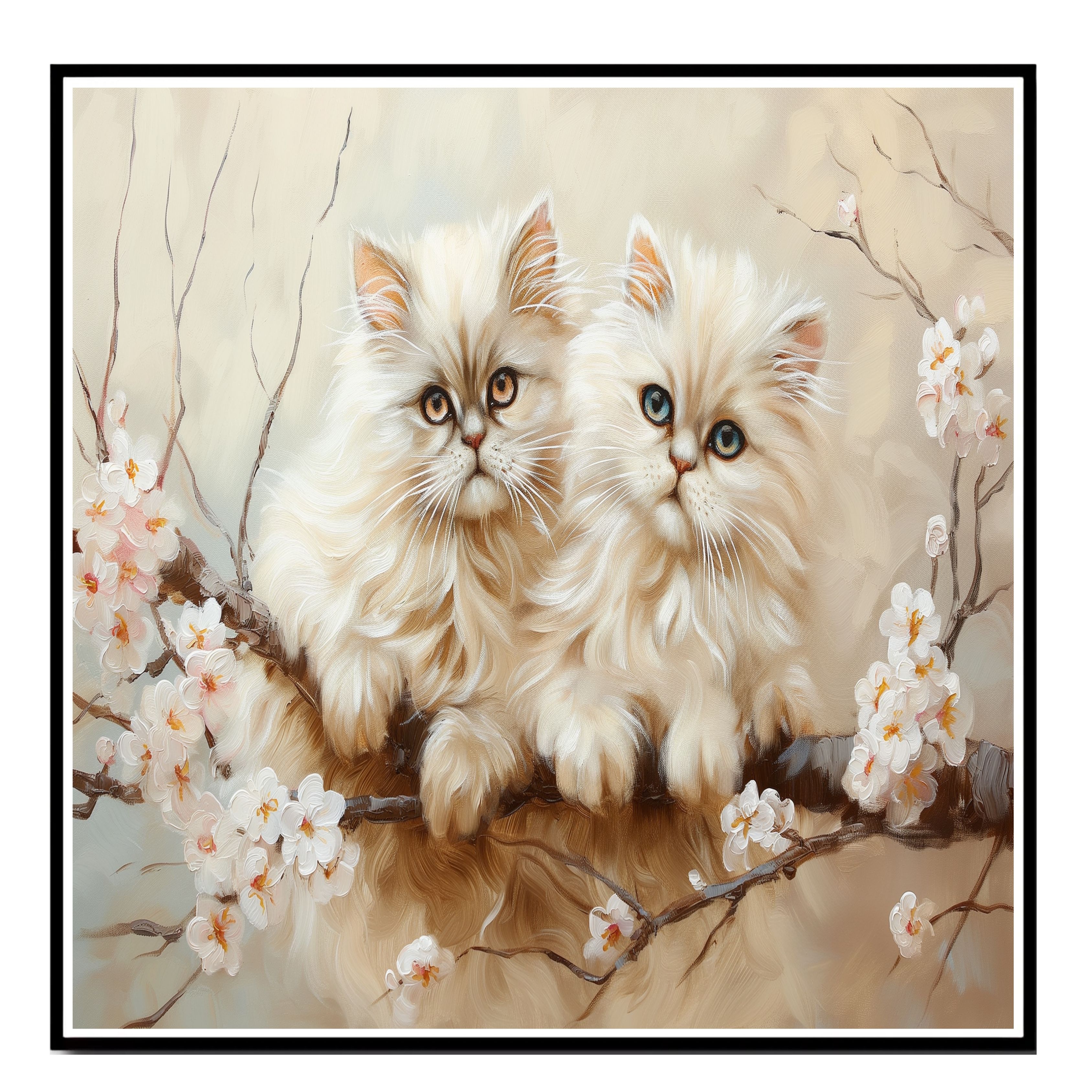 Two White Cats Resting on Flat Rolled, Framed or Wrapped Canvas