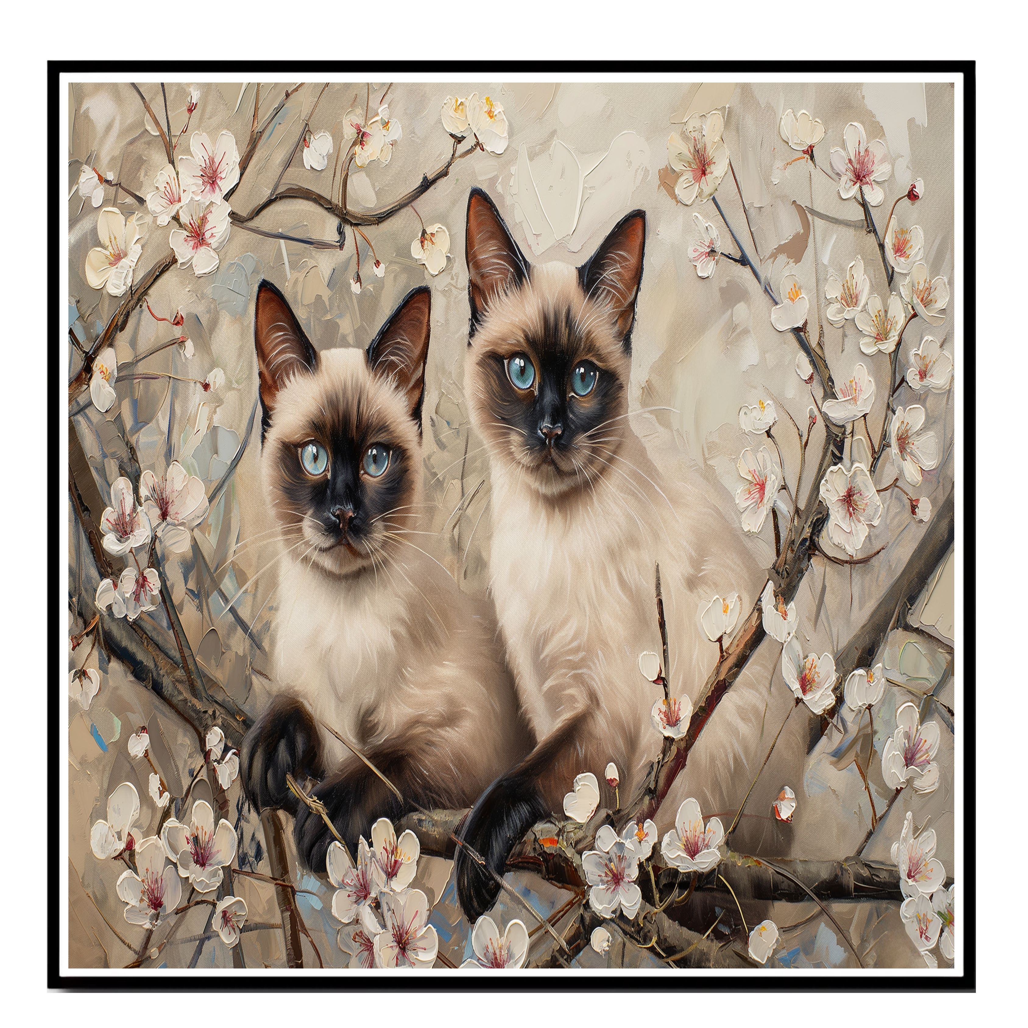Spring Harmony: Two Siamese Cats on Flat Rolled, Framed or Wrapped Canvas