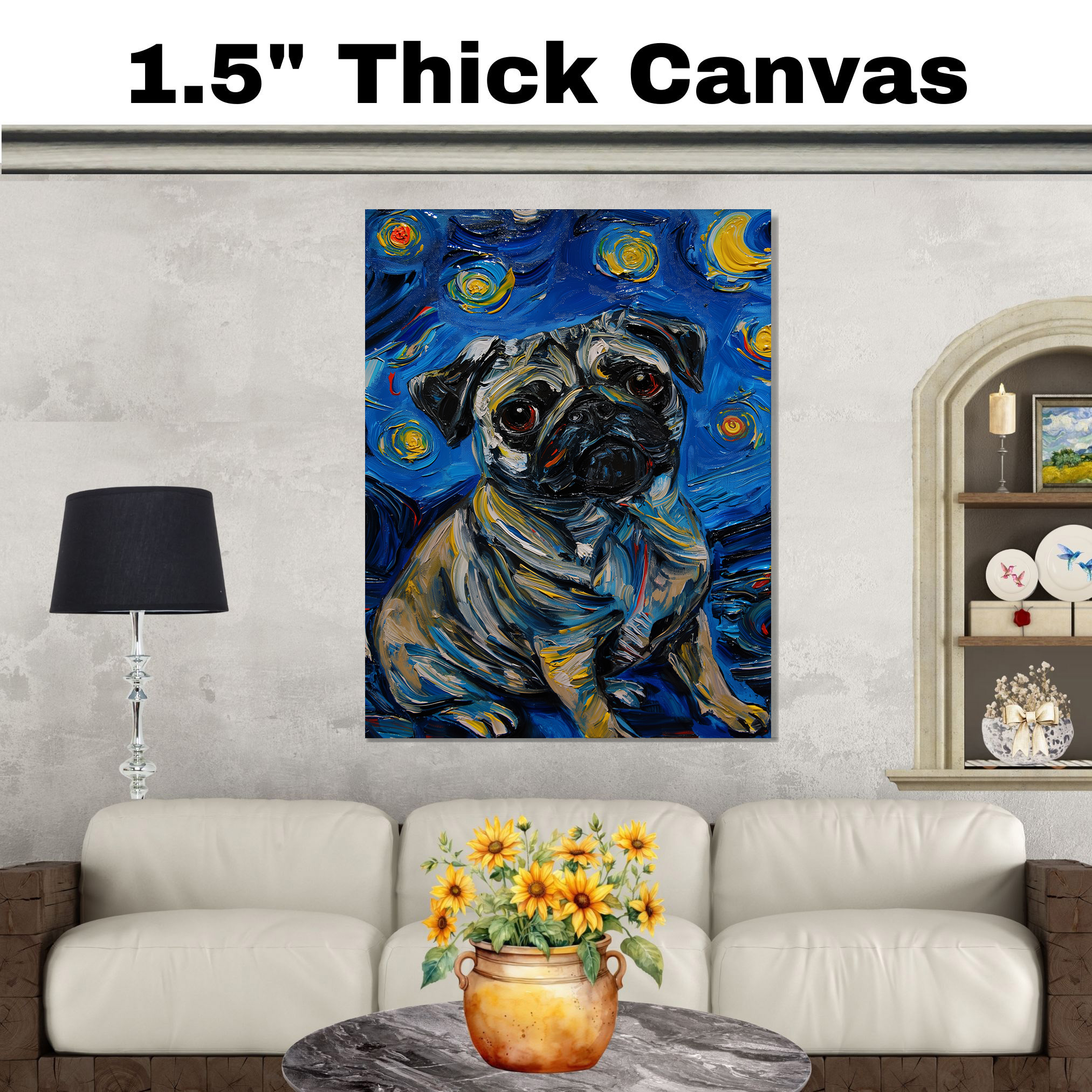 Pug Dog Starry Night Art Print Flat Rolled, Framed or Wrapped Canvas - Picture 19 of 19
