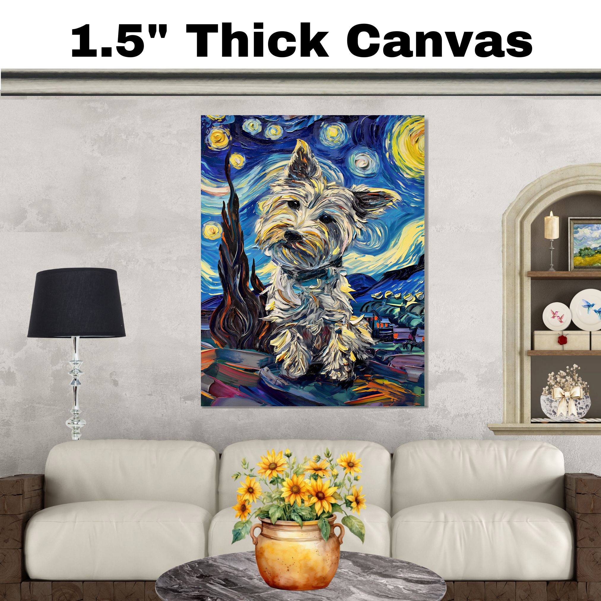 Impresión artística de noche estrellada Westie Dog plana enrollada, enmarcada o envuelta en lienzo - Imagen 19 de 19