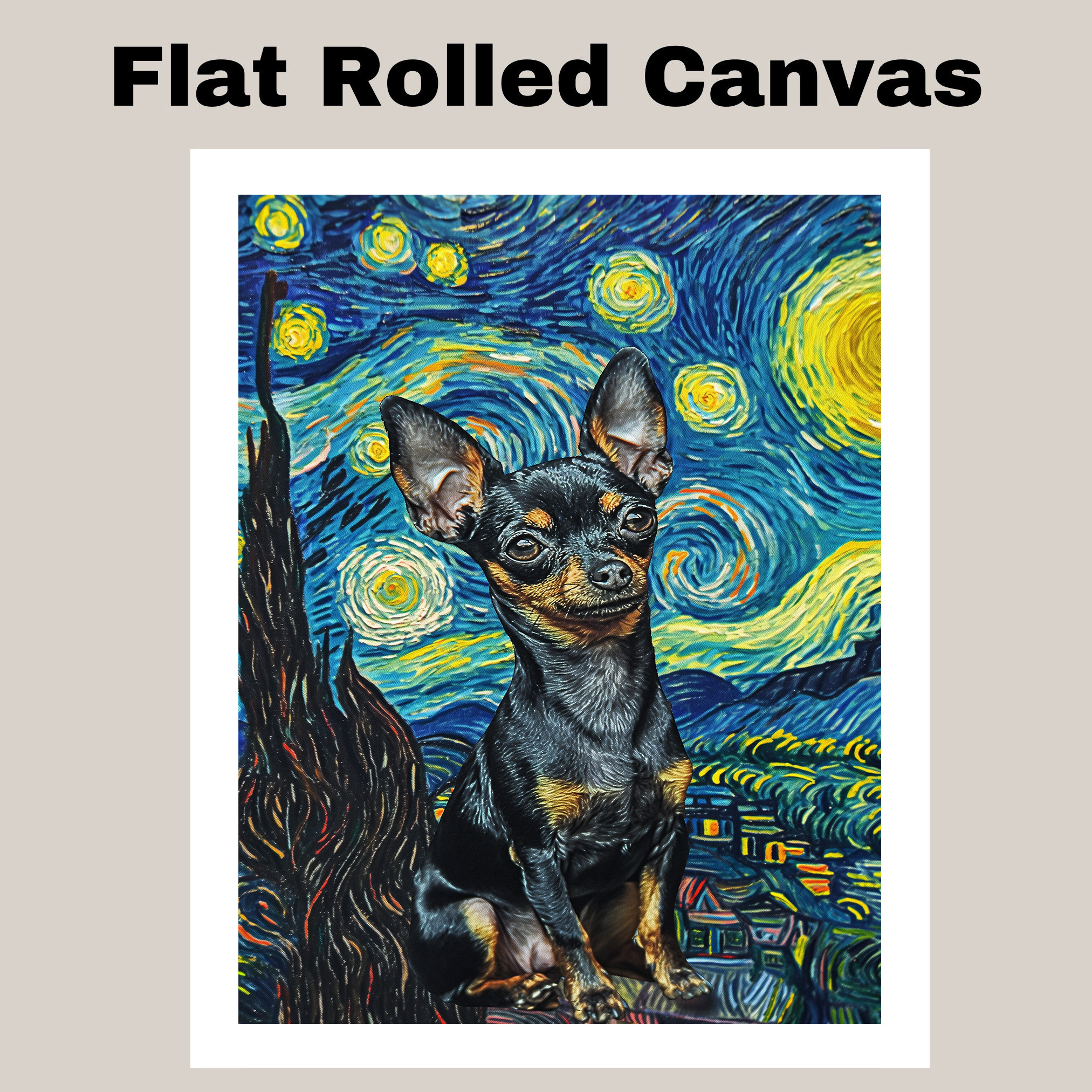 Chihuahua Dog Starry Night Dog Art Print Flat Rolled, Framed or Wrapped Canvas