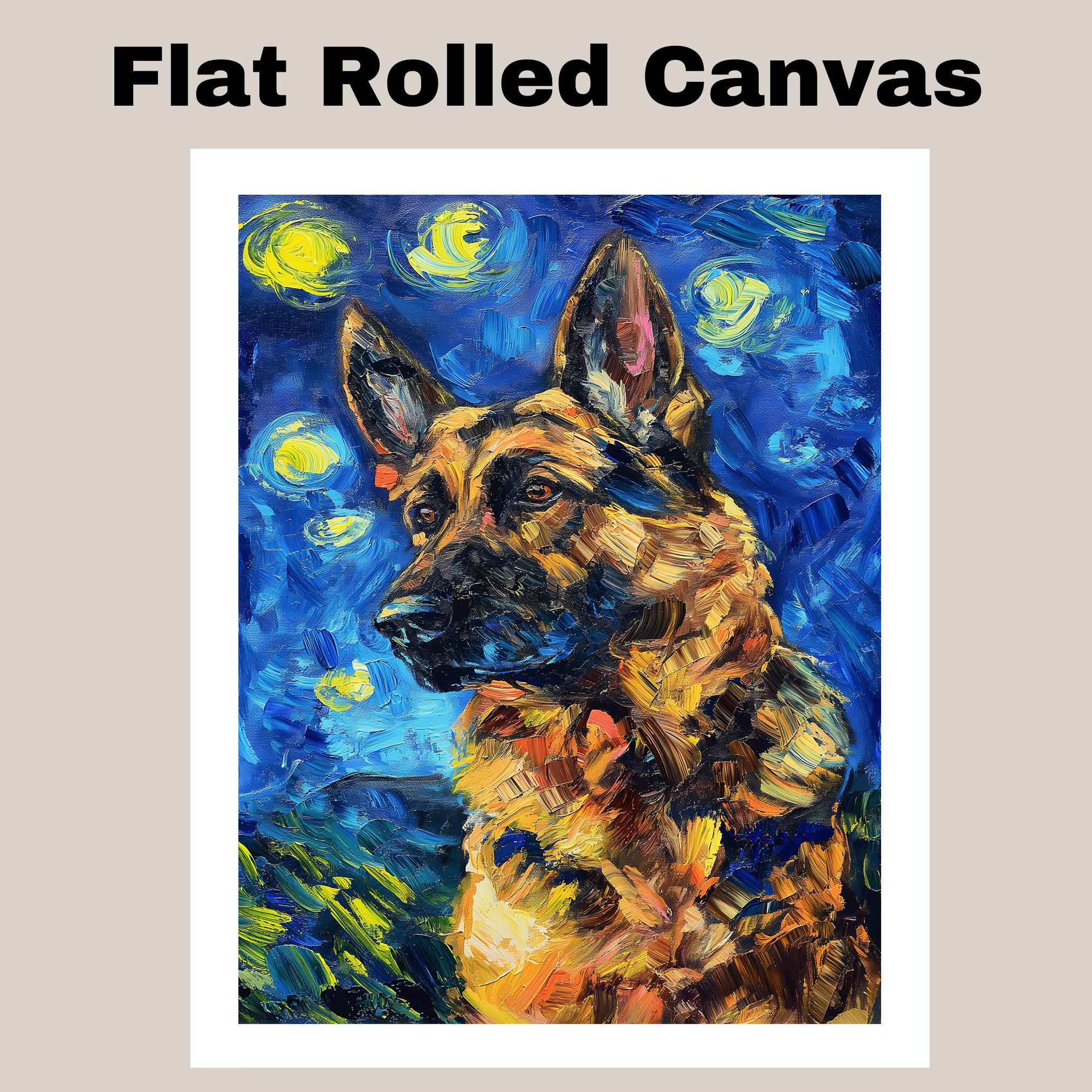 German Shepherd Dog Starry Night Art Flat Rolled, Framed or Wrapped Canvas