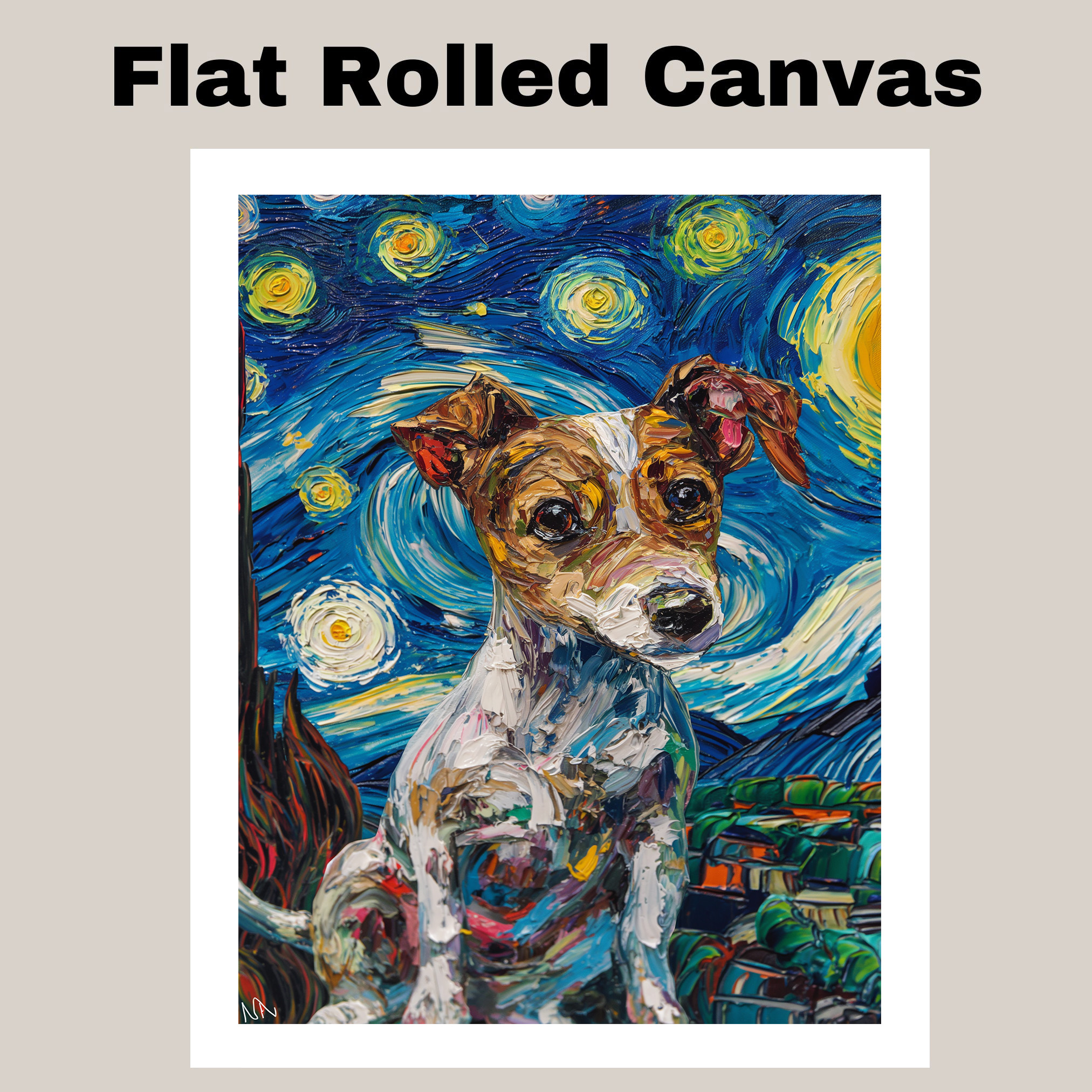Jack Russell Dog Starry Night Print Flat Rolled, Framed or Wrapped Canvas
