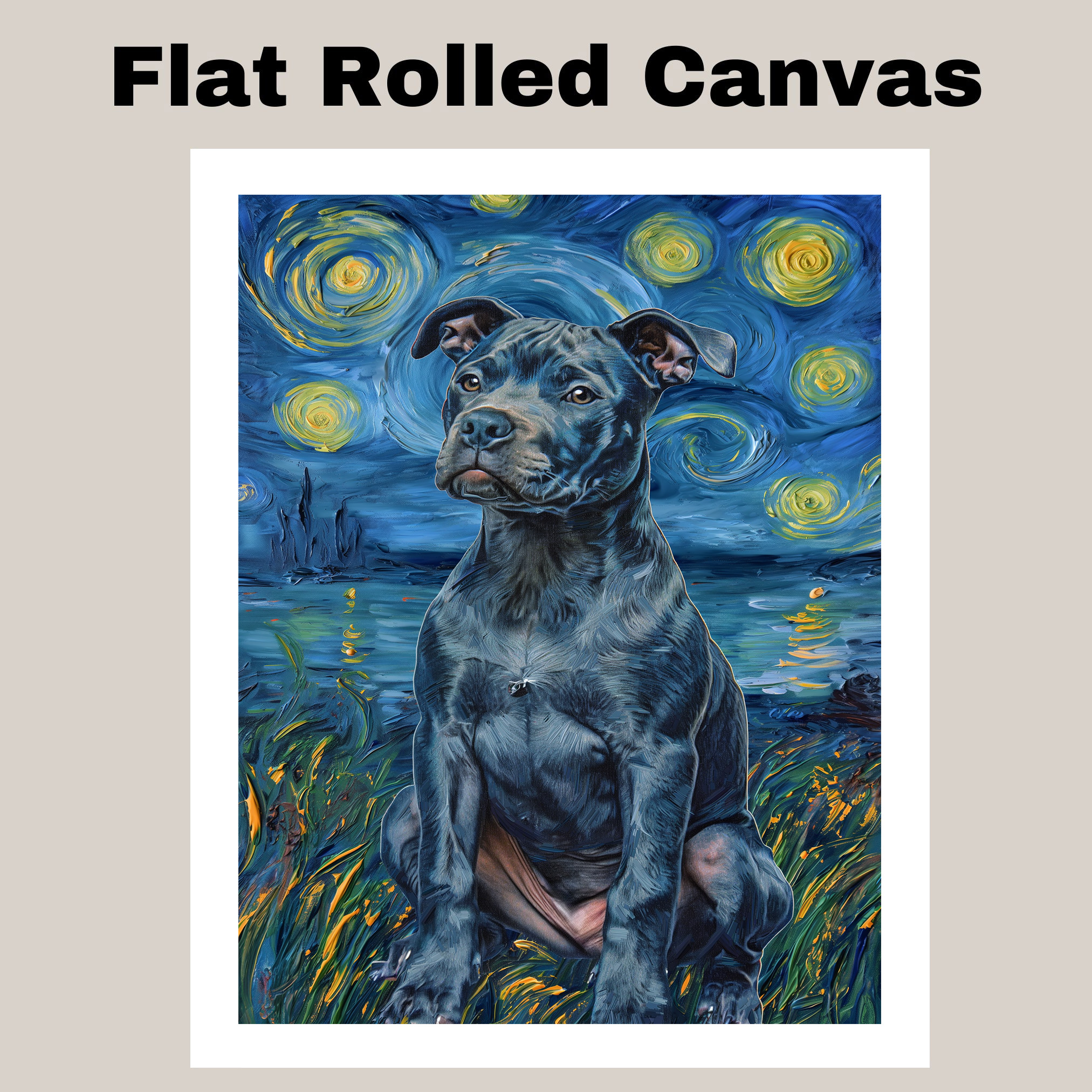 Pitbull Dog Starry Night Dog Art Print Flat Rolled, Framed or Wrapped Canvas
