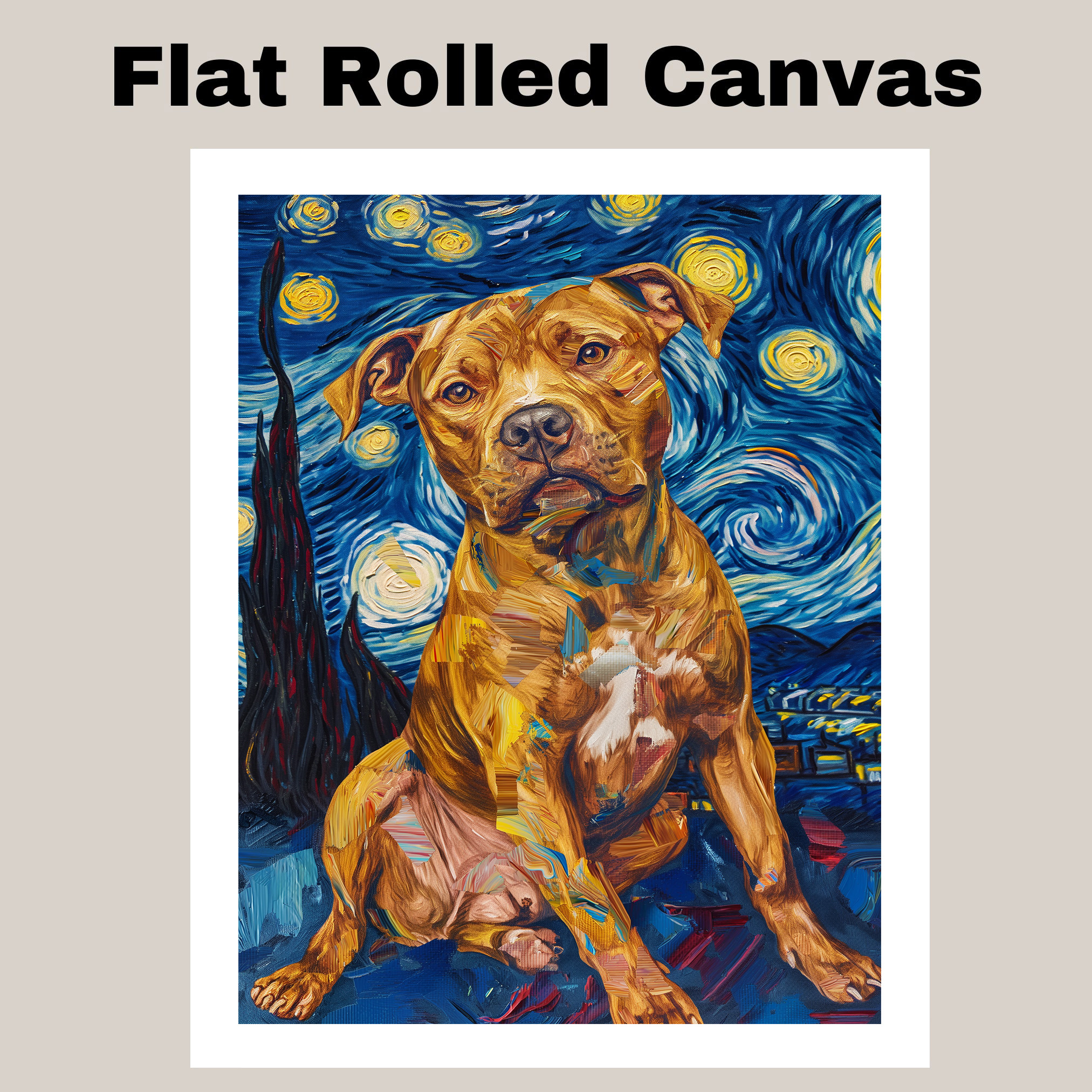 Golden Pitbull Dog Starry Night Art Flat Rolled, Framed or Wrapped Canvas