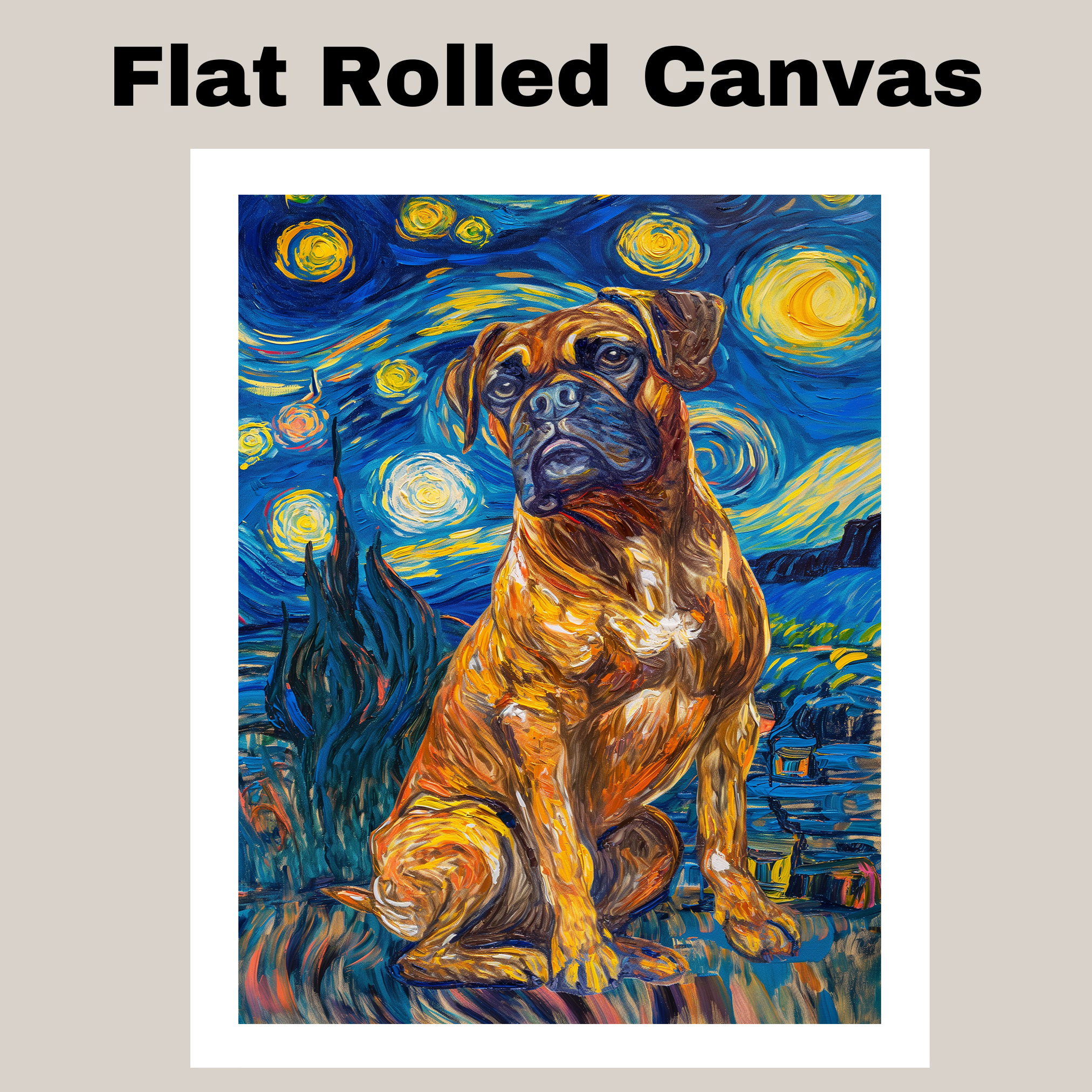 Boxer Dog Starry Night Art Print Flat Rolled, Framed or Wrapped Canvas