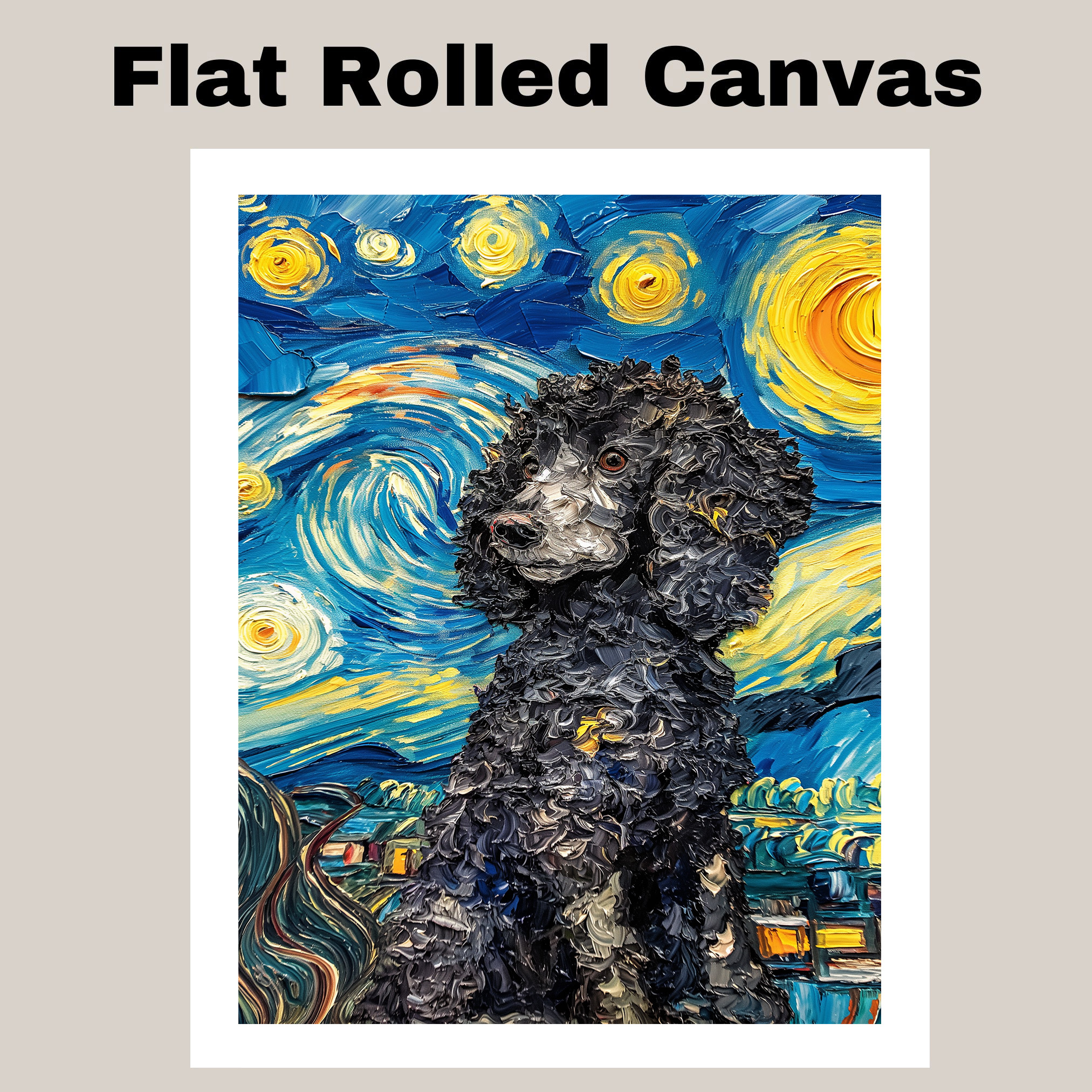 Black Poodle Dog Starry Night Print Flat Rolled, Framed or Wrapped Canvas
