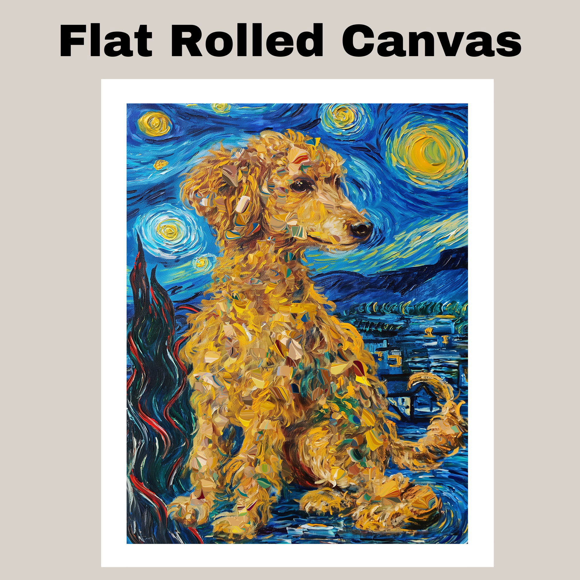 Poodle Dog Van Gogh Starry Art Print Flat Rolled, Framed or Wrapped Canvas