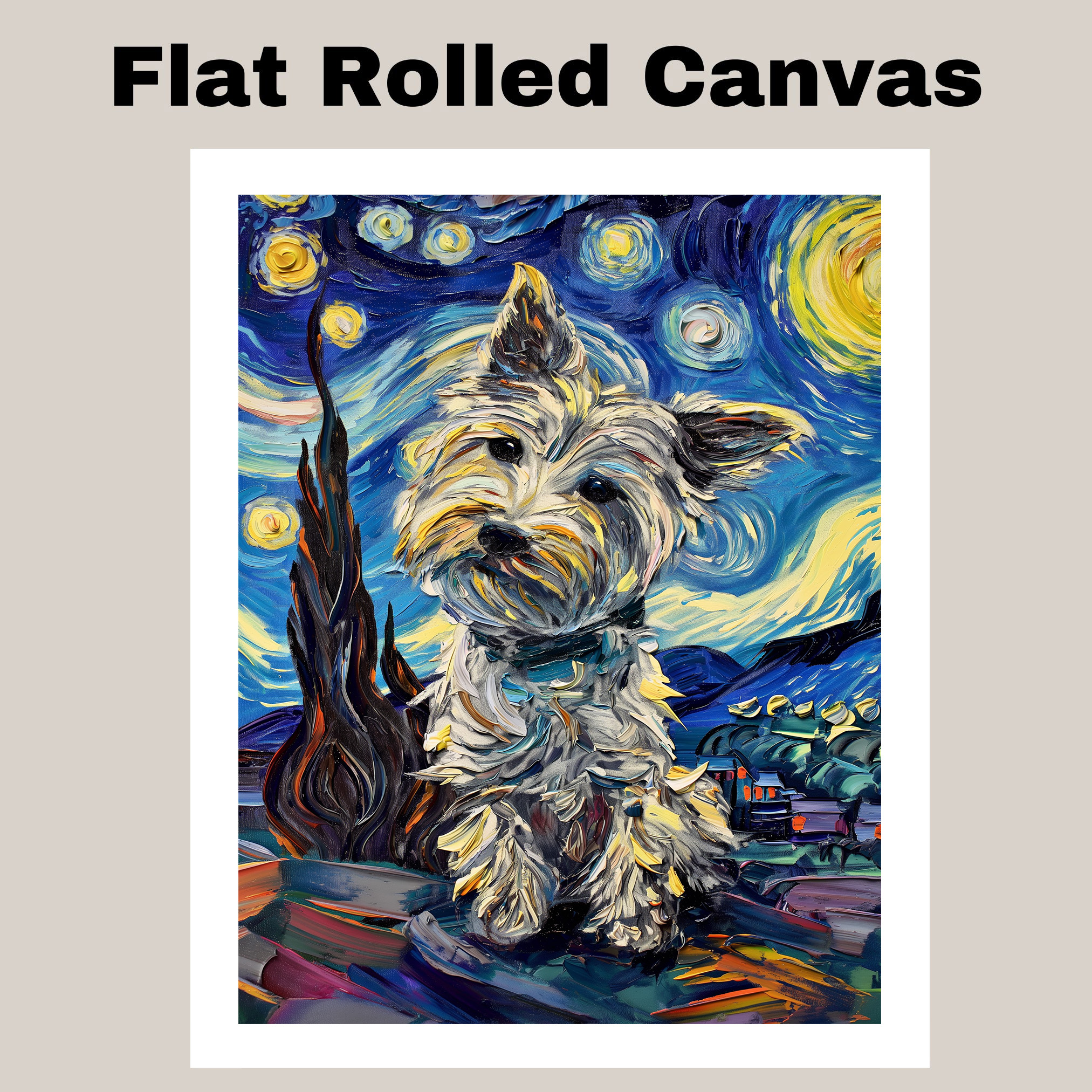 Impresión artística de noche estrellada Westie Dog plana enrollada, enmarcada o envuelta en lienzo - Imagen 18 de 19