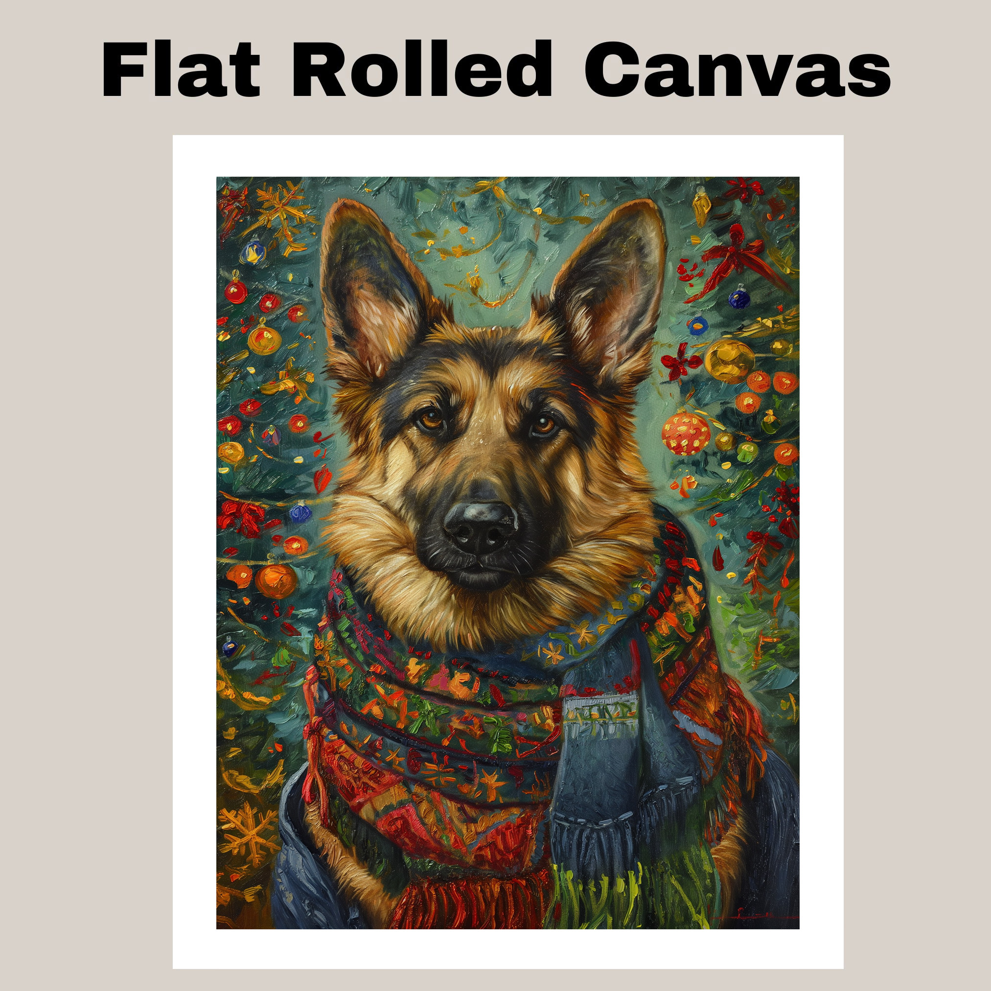 German Shepherd Christmas Dog Art Flat Rolled, Framed or Wrapped Canvas