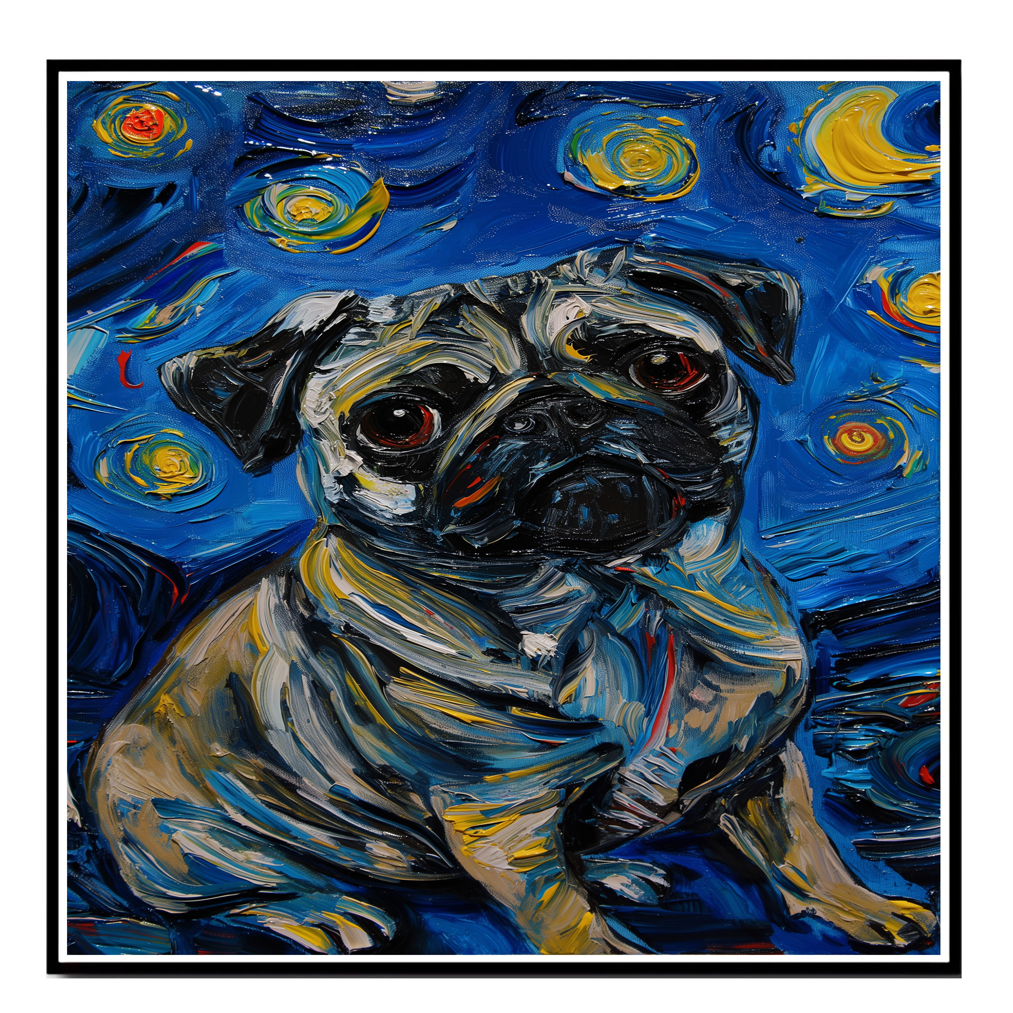 Pug Dog Starry Night Art Print Flat Rolled, Framed or Wrapped Canvas - Picture 15 of 19