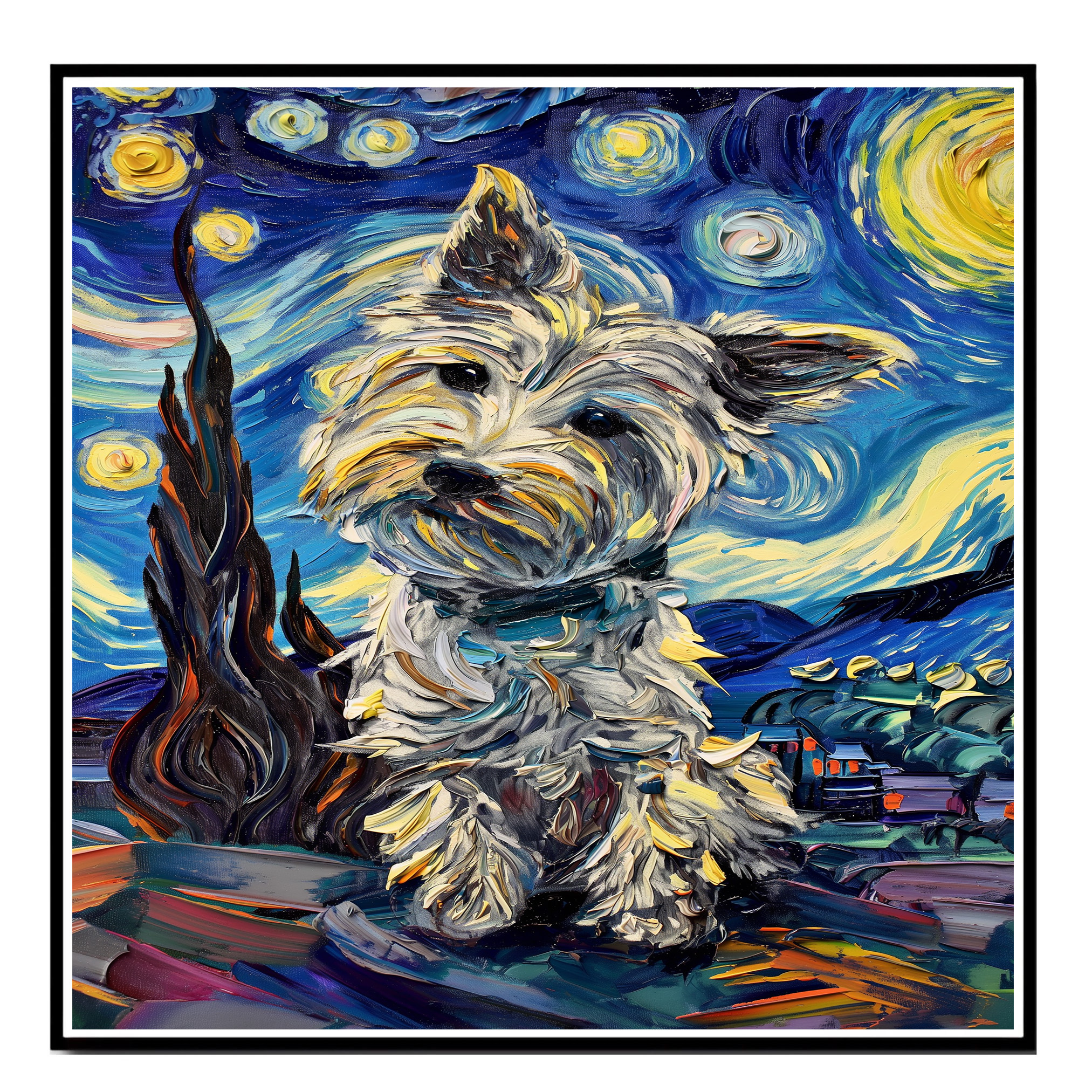 Impresión artística de noche estrellada Westie Dog plana enrollada, enmarcada o envuelta en lienzo - Imagen 15 de 19