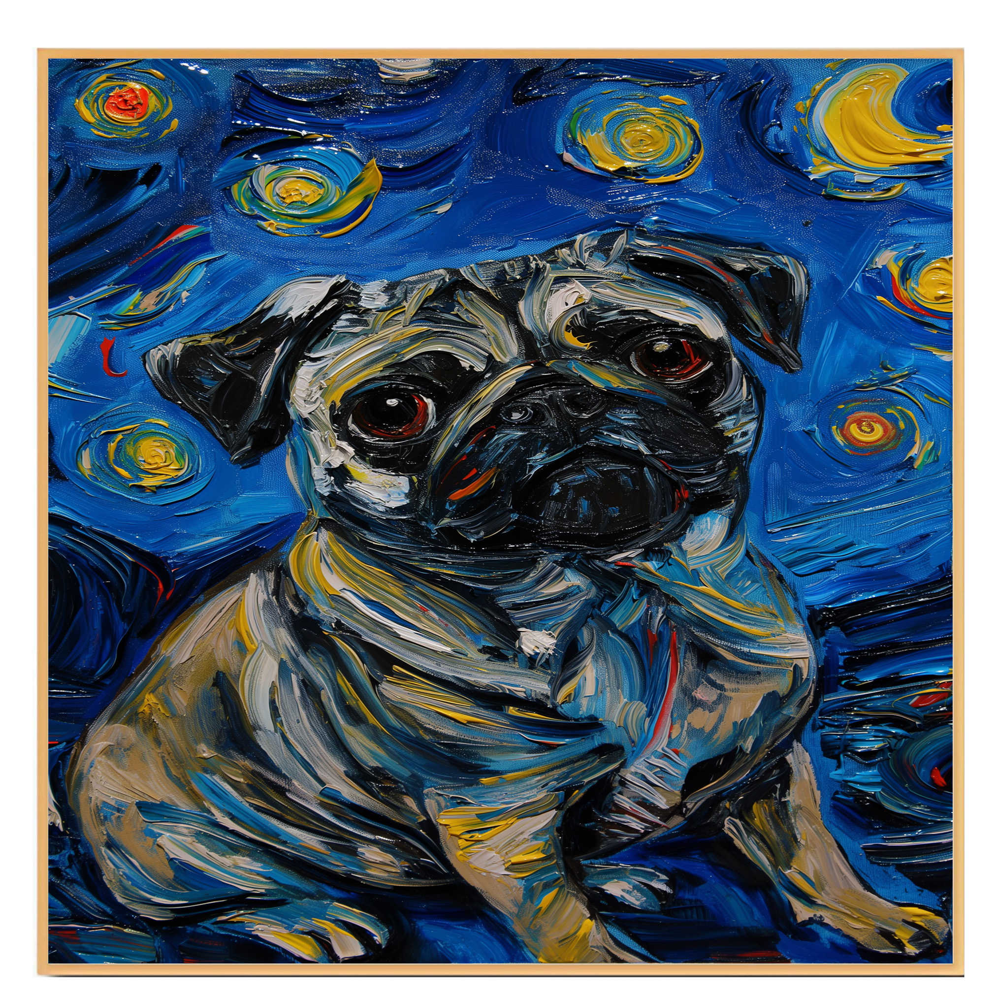 Pug Dog Starry Night Art Print Flat Rolled, Framed or Wrapped Canvas - Picture 17 of 19