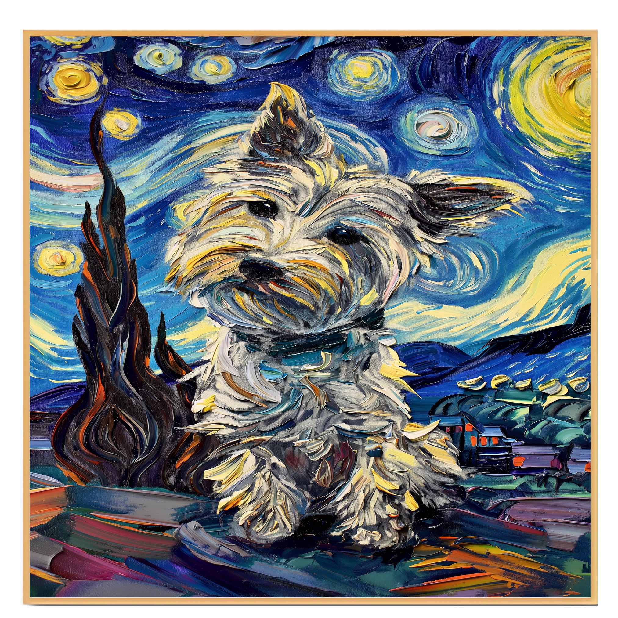 Impresión artística de noche estrellada Westie Dog plana enrollada, enmarcada o envuelta en lienzo - Imagen 17 de 19