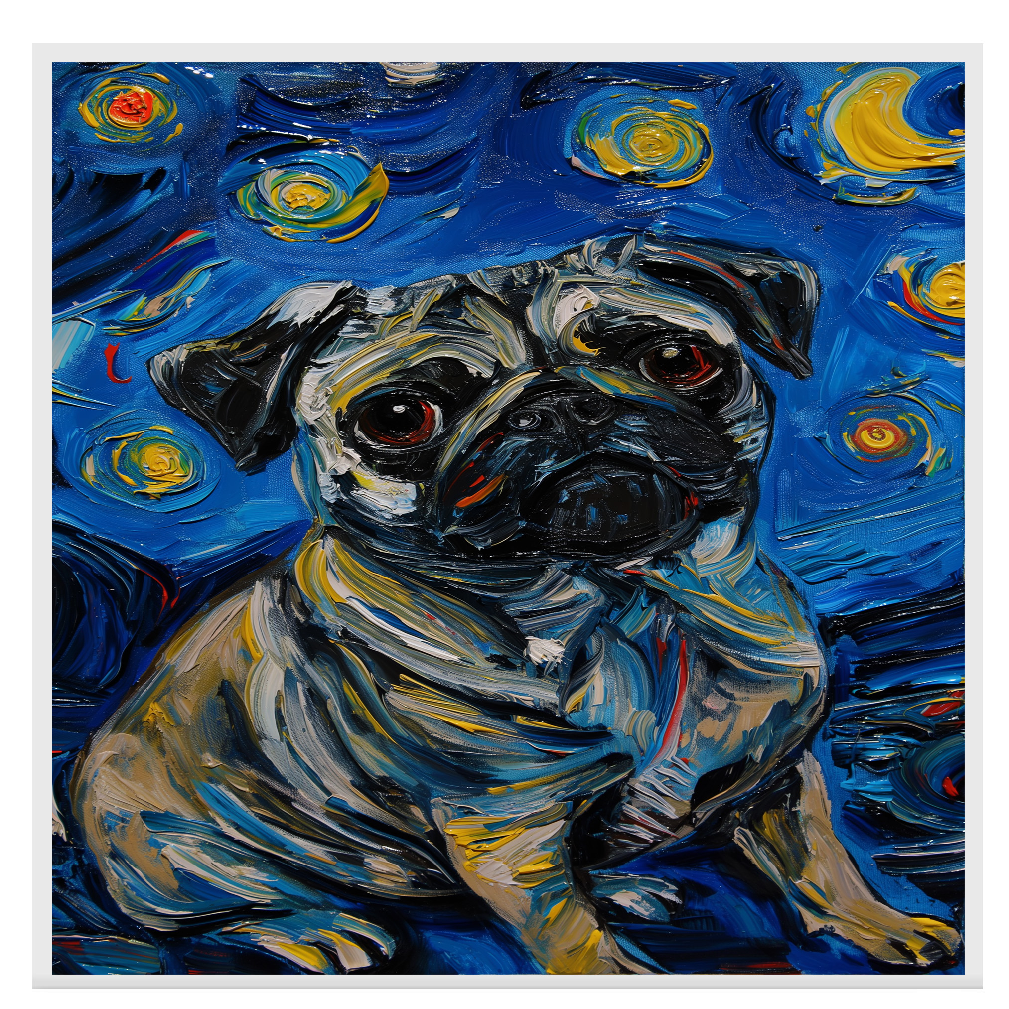 Pug Dog Starry Night Art Print Flat Rolled, Framed or Wrapped Canvas - Picture 16 of 19