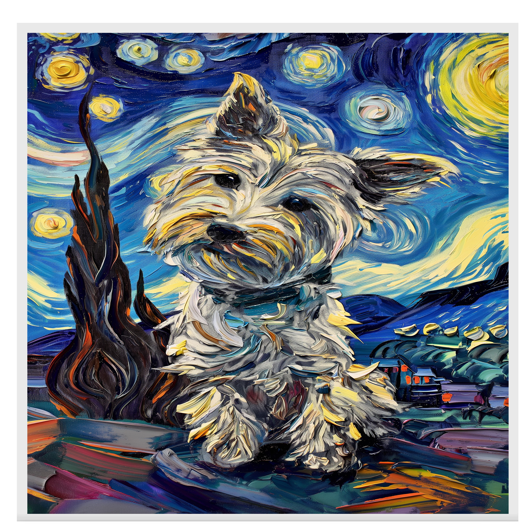 Impresión artística de noche estrellada Westie Dog plana enrollada, enmarcada o envuelta en lienzo - Imagen 16 de 19