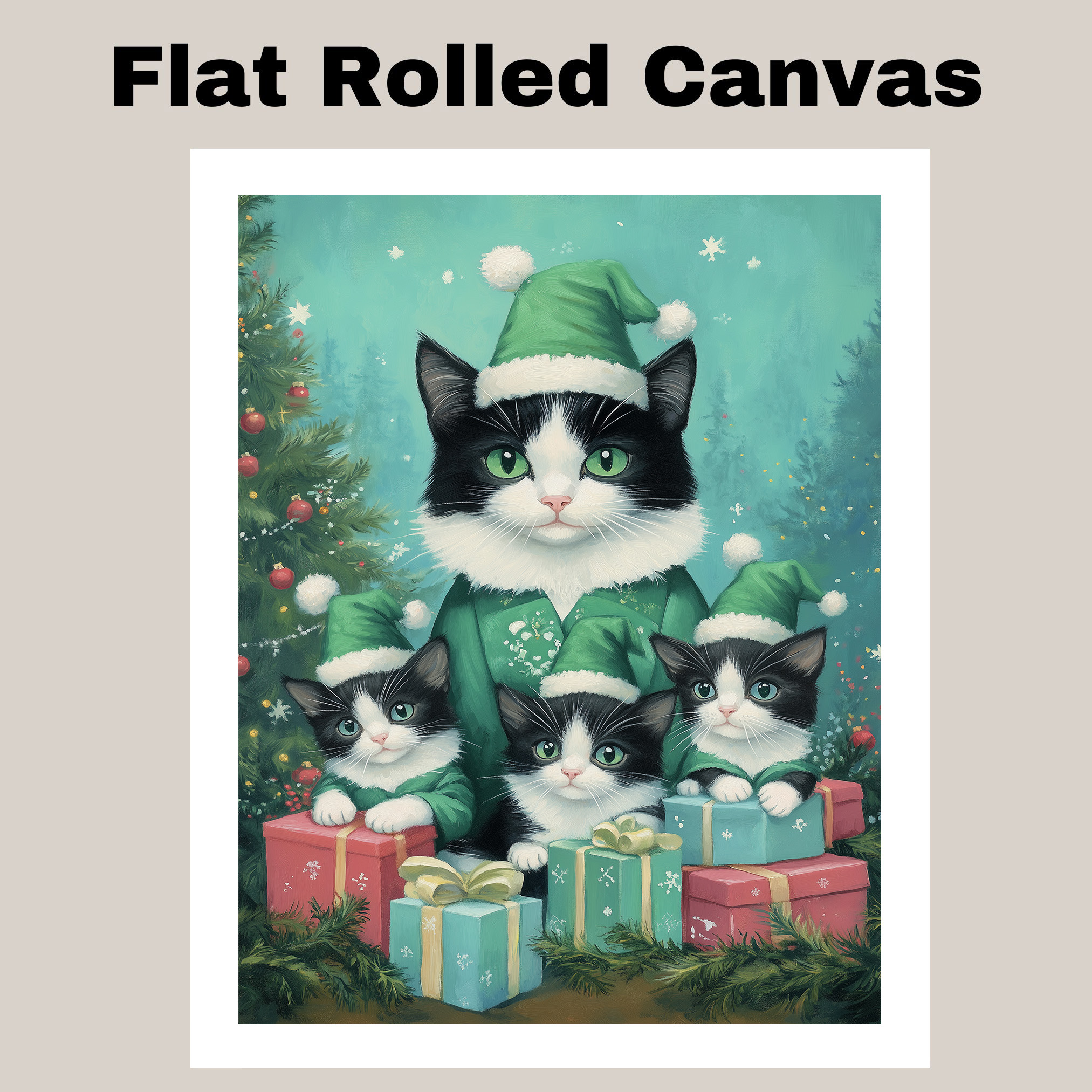 Tuxedo Cats Christmas Family Scene Flat Rolled, Framed or Wrapped Canvas
