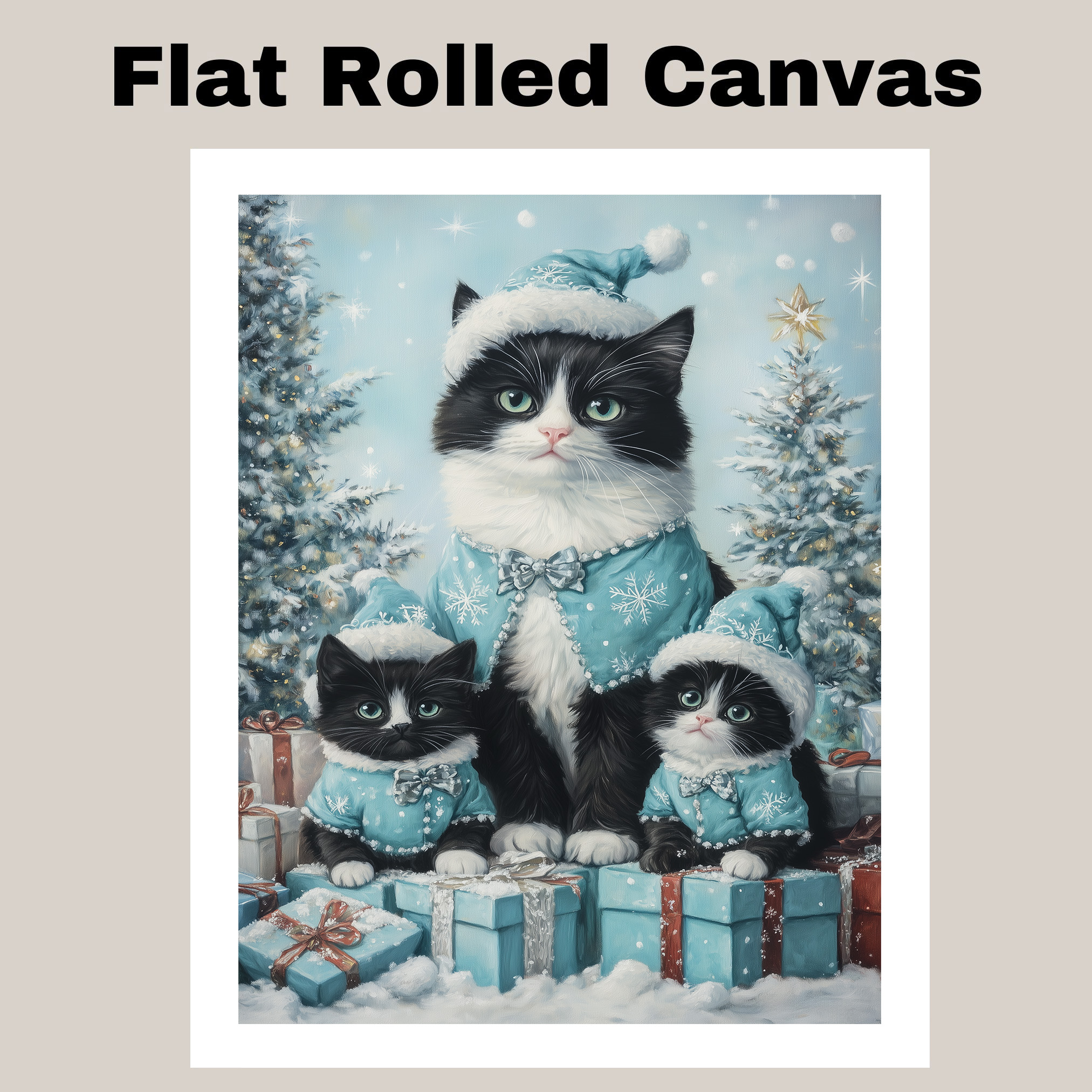 Pink Pajama Tuxedo Cats Christmas Art Flat Rolled, Framed or Wrapped Canvas