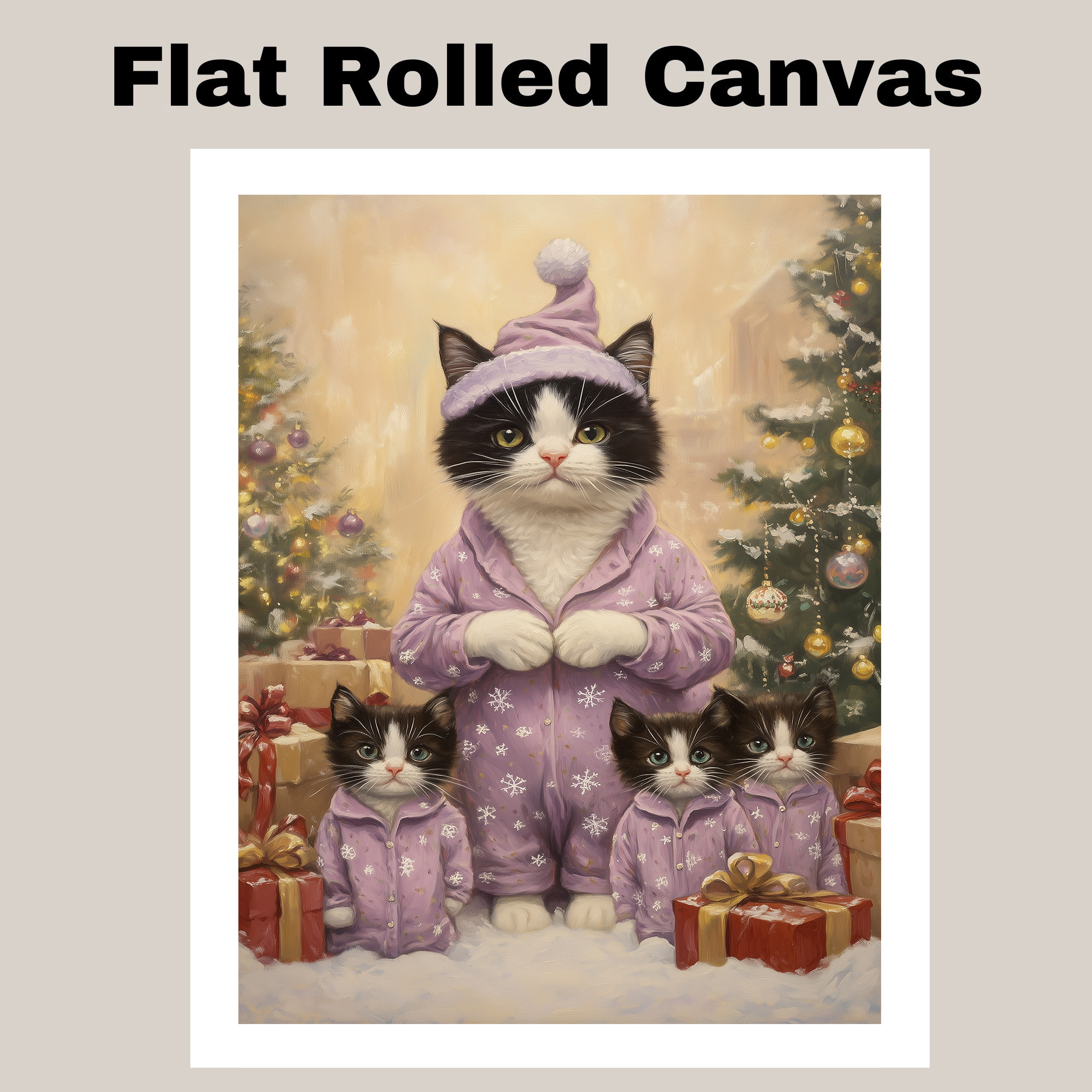Lavender Tuxedo Cats with Gifts Christmas Flat Rolled, Framed or Wrapped Canvas