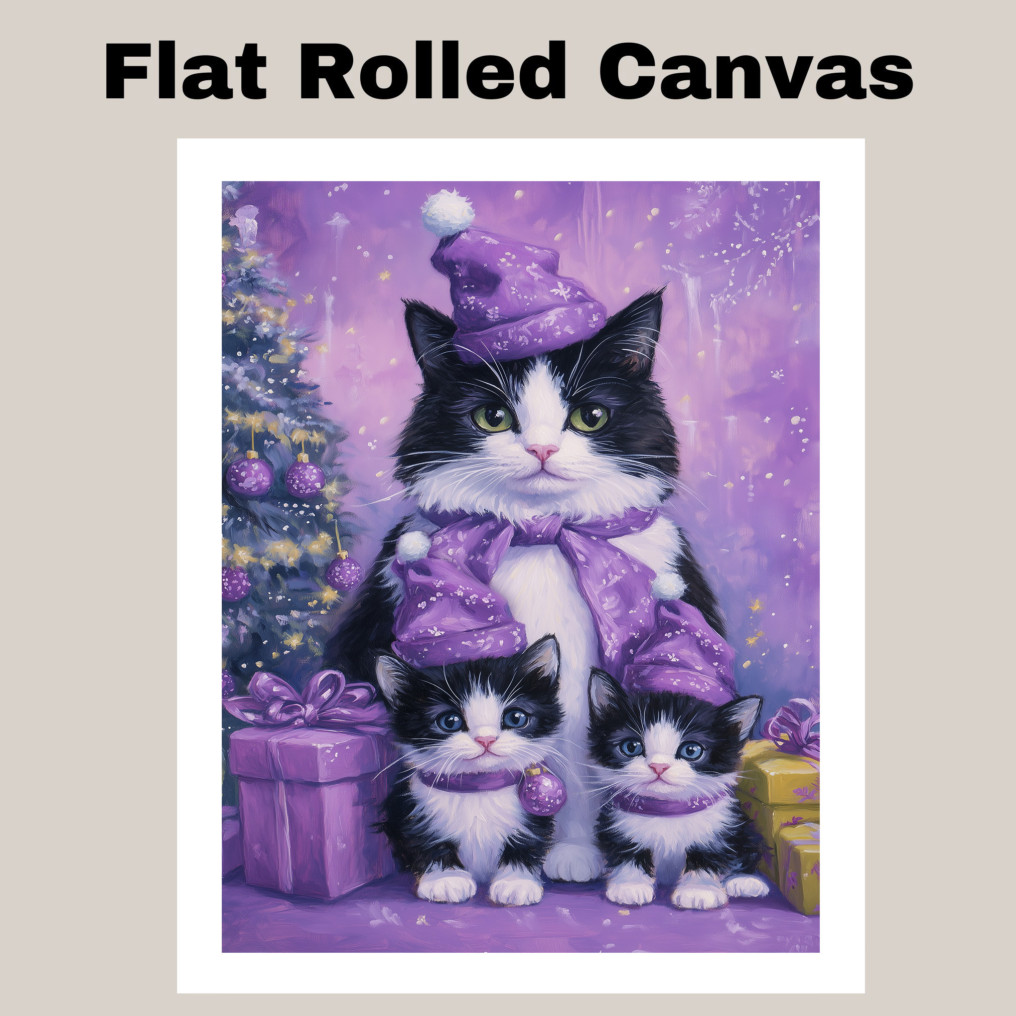 Yellow Cape Tuxedo Cats Christmas Print Flat Rolled, Framed or Wrapped Canvas