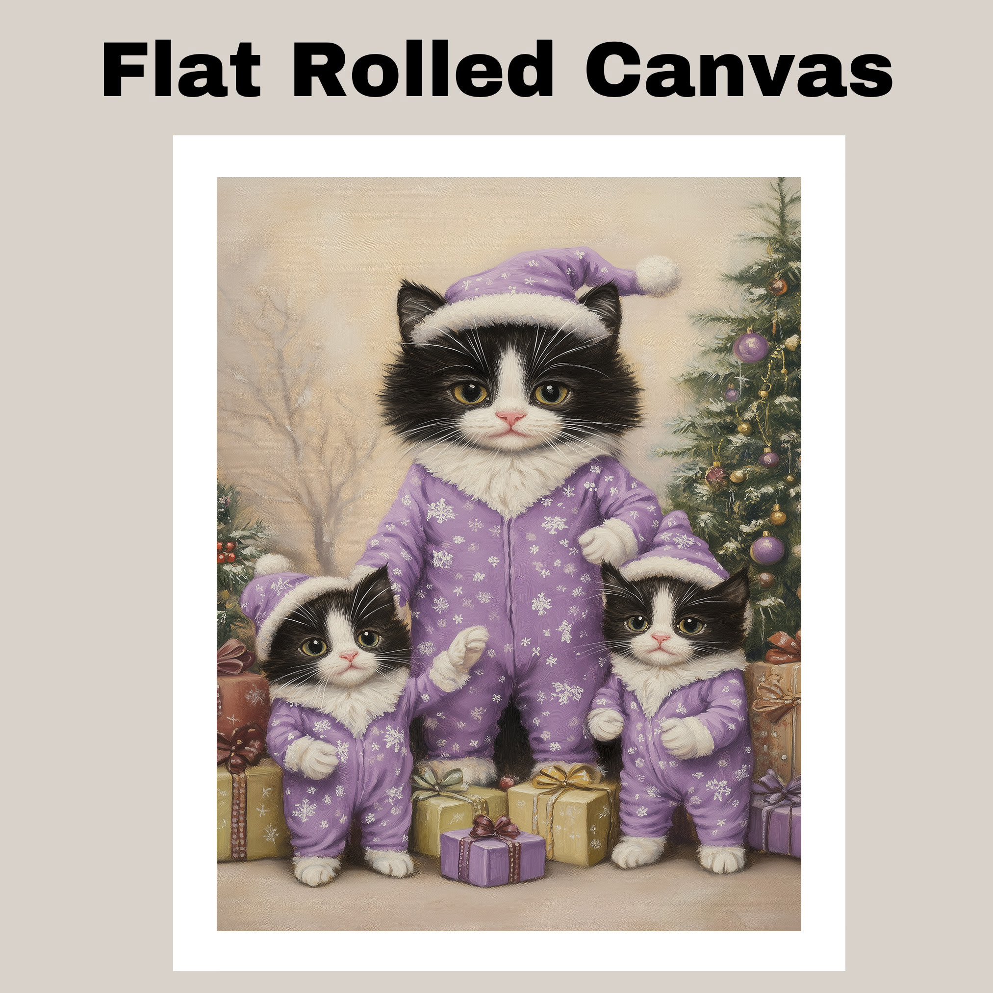 Lavender Pajama Tuxedo Cat Family Print Flat Rolled, Framed or Wrapped Canvas