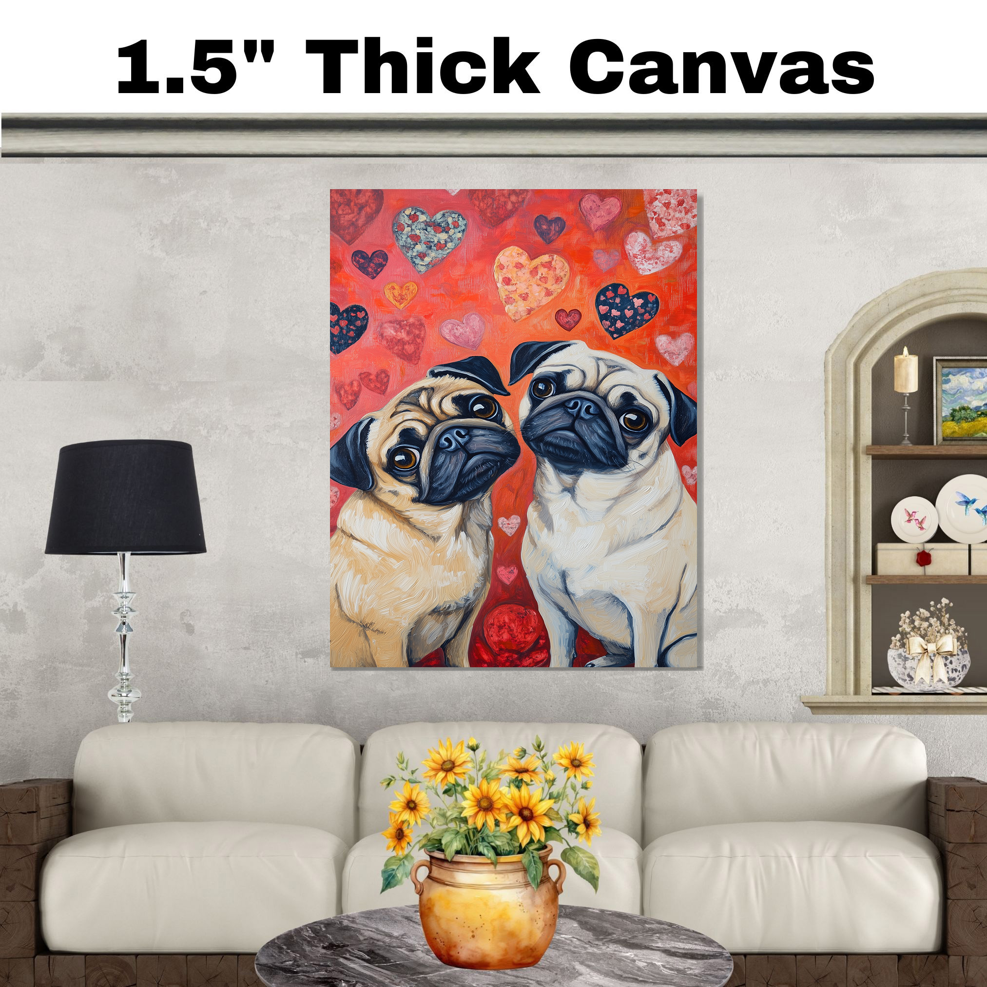Mops Hund Gemälde mit roten Herzen flach gerollt, gerahmt oder gewickelt Leinwand - Bild 19 von 19