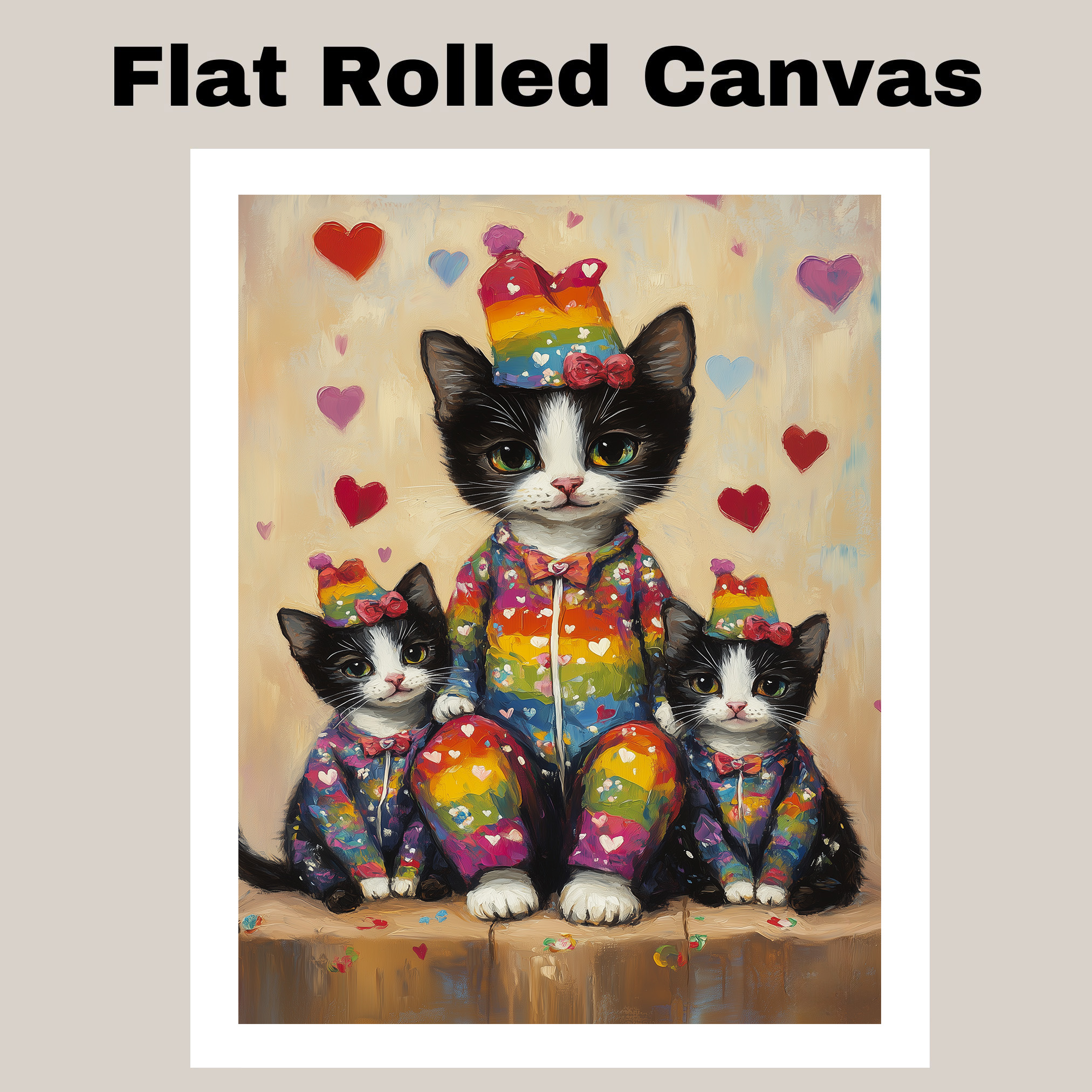 Pink Rose Texudo Cat Family with Hearts Flat Rolled, Framed or Wrapped Canvas
