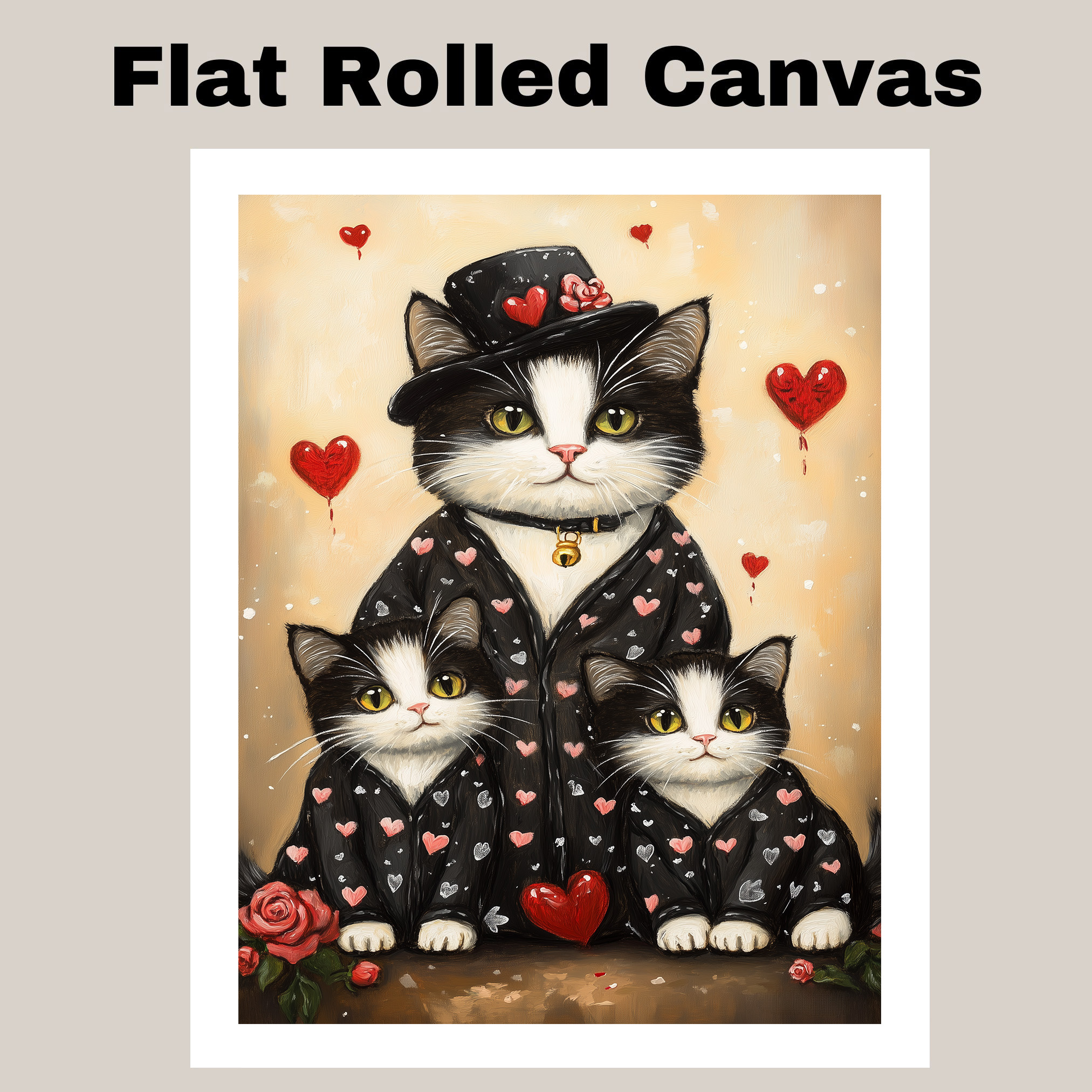 Rainbow Texudo Cat Family in Party Pajamas Flat Rolled, Framed or Wrapped Canvas