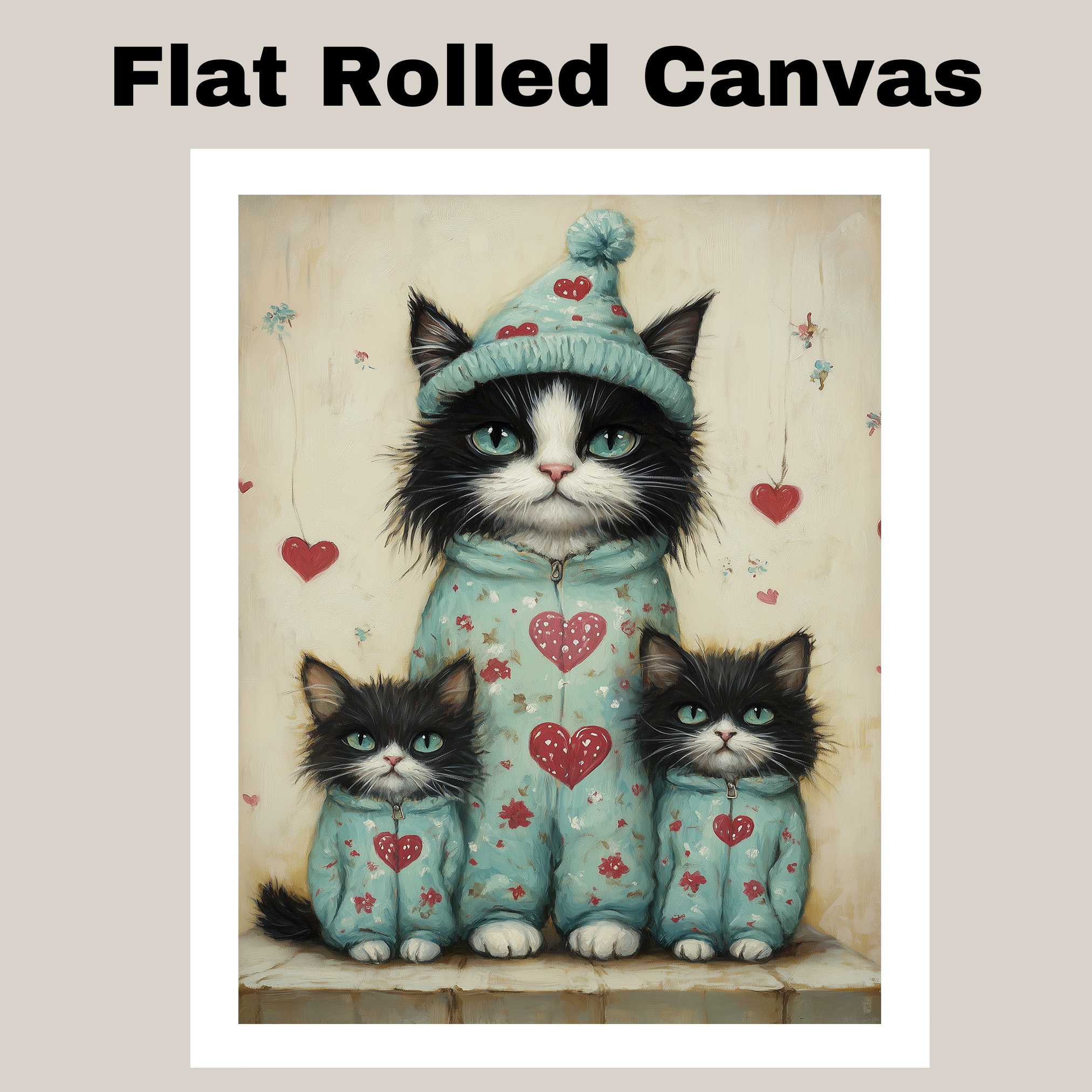 Texudo Cat Family in Purple with Hearts Flat Rolled, Framed or Wrapped Canvas